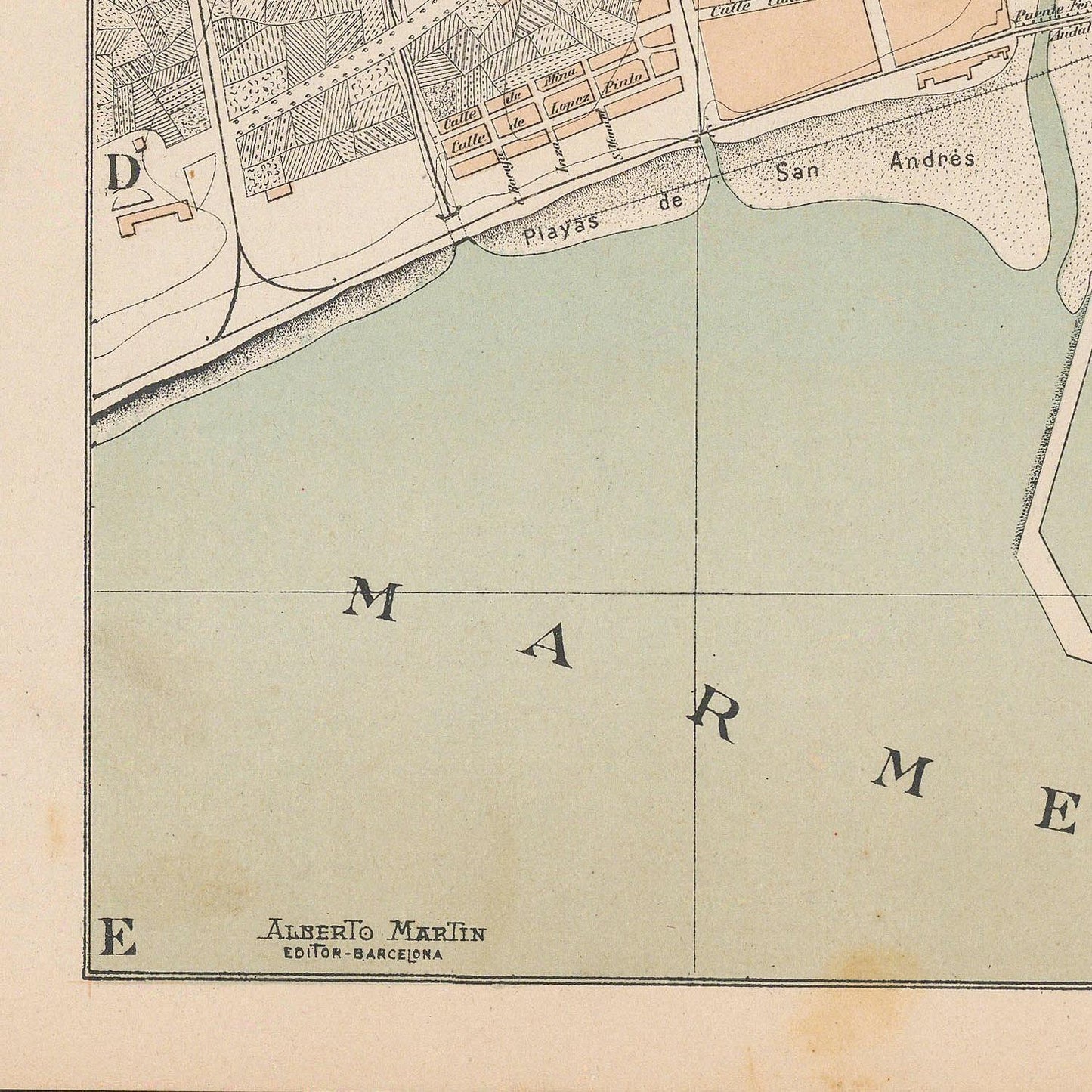 Vintage map of a coastal area with labeled streets and a body of water.