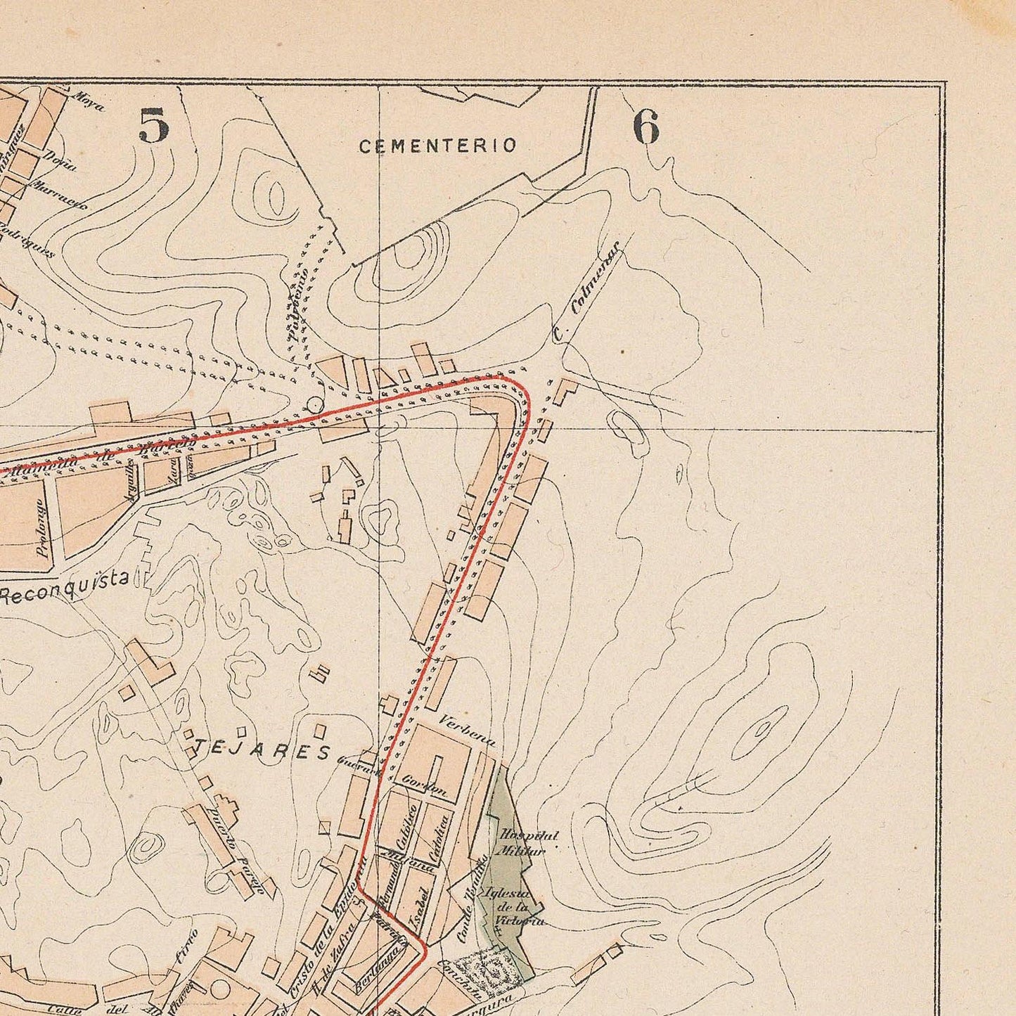 Vintage map with labeled streets and landmarks on a beige background