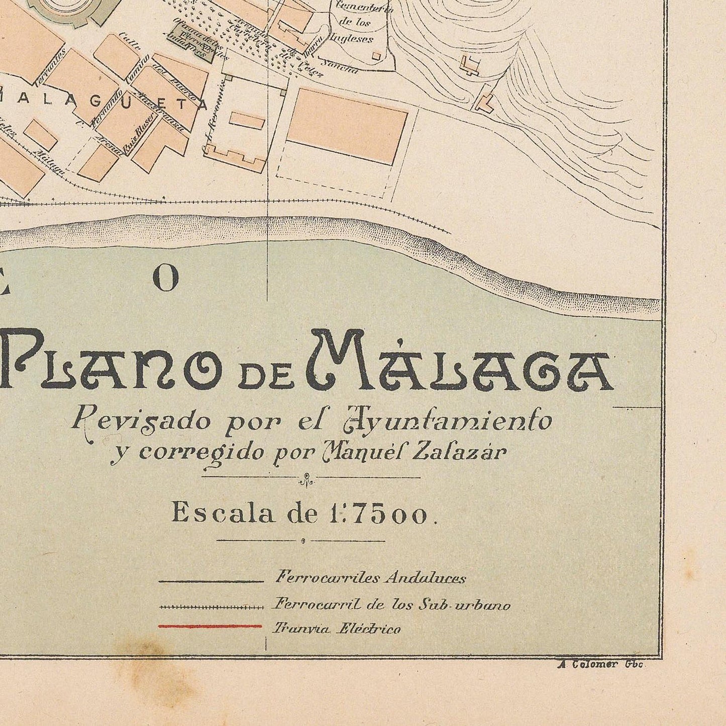Vintage map of Málaga with architectural details and text