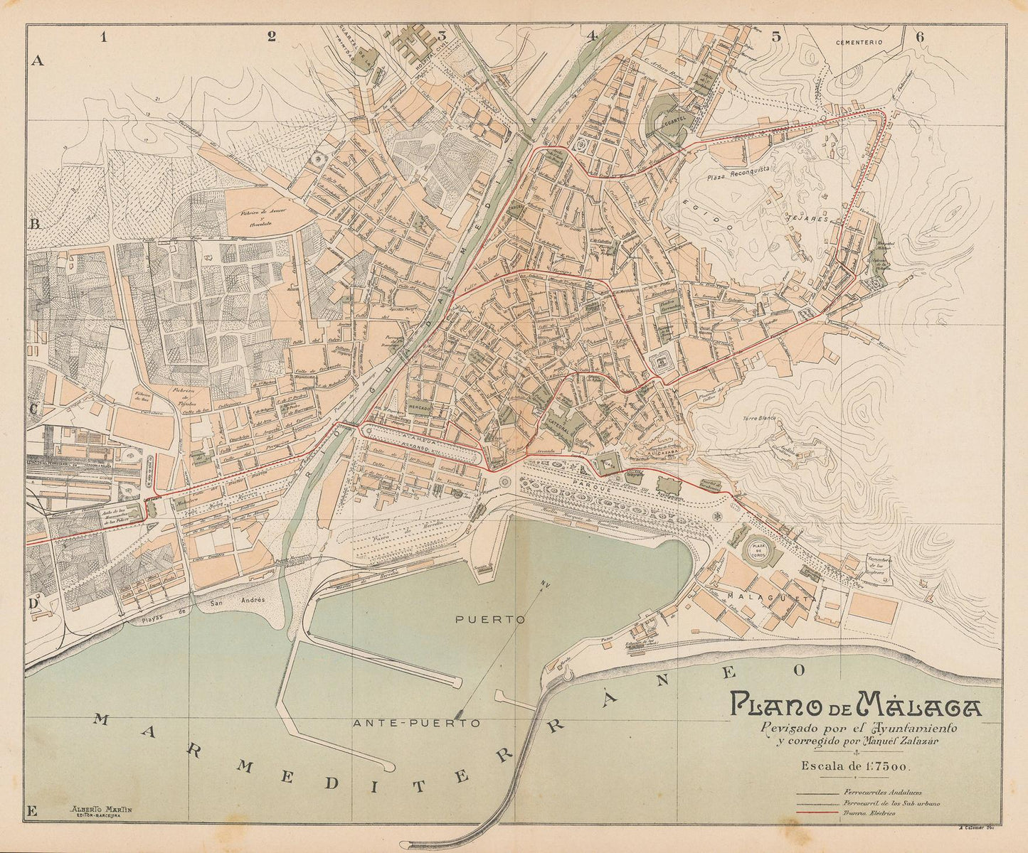 Vintage map of Málaga city layout with roads and landmarks
