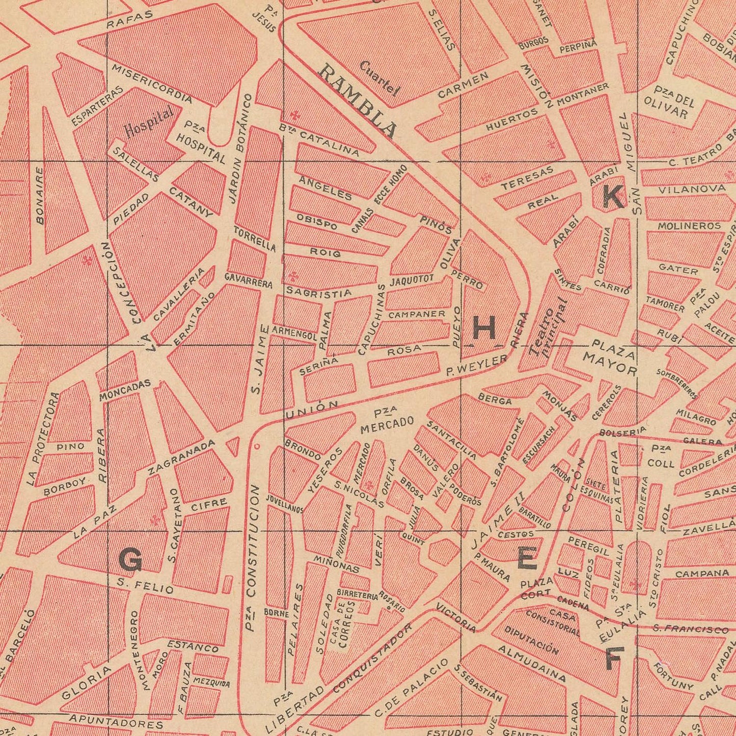 Vintage map of a city with street names and grid layout
