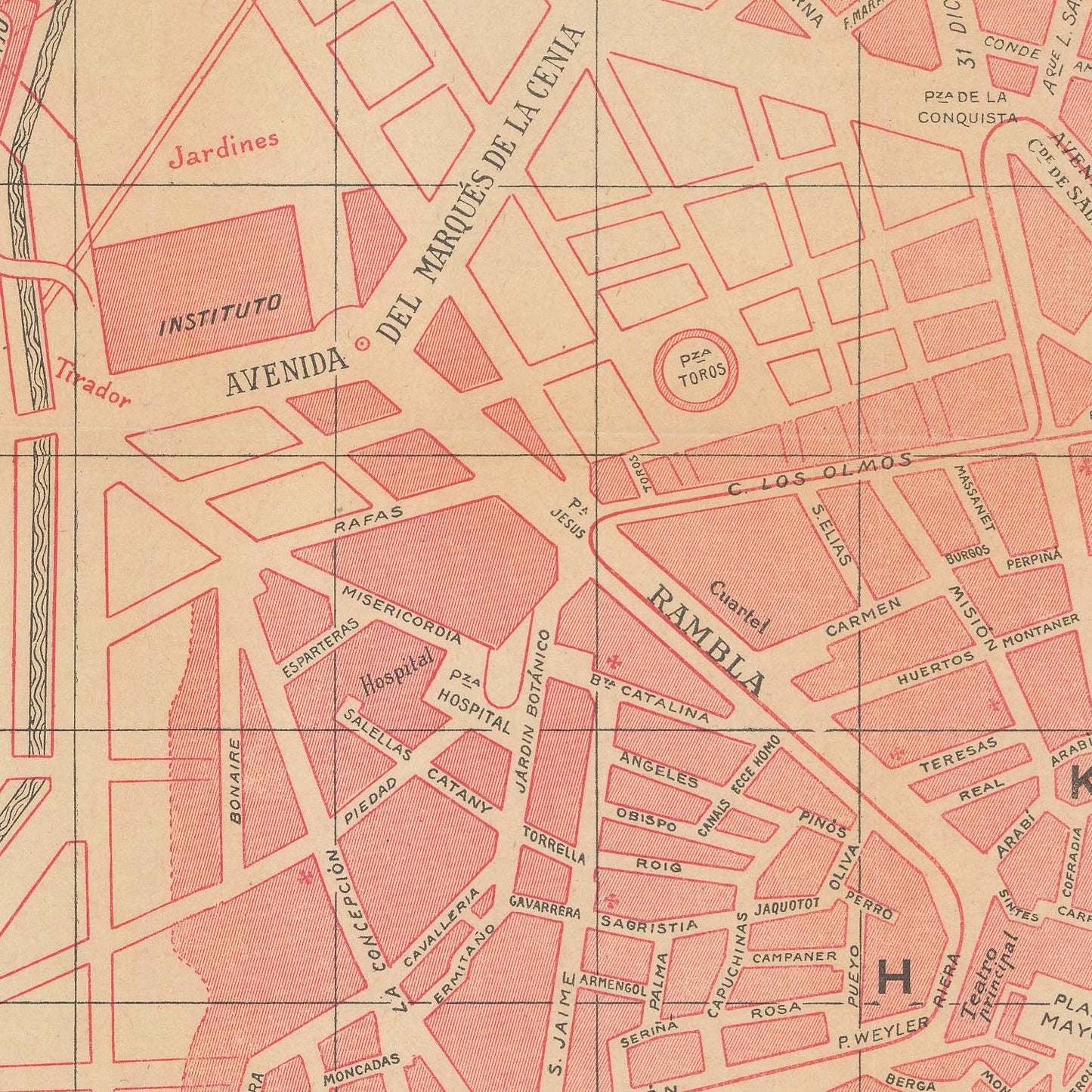 Vintage map of a city layout with streets and landmarks