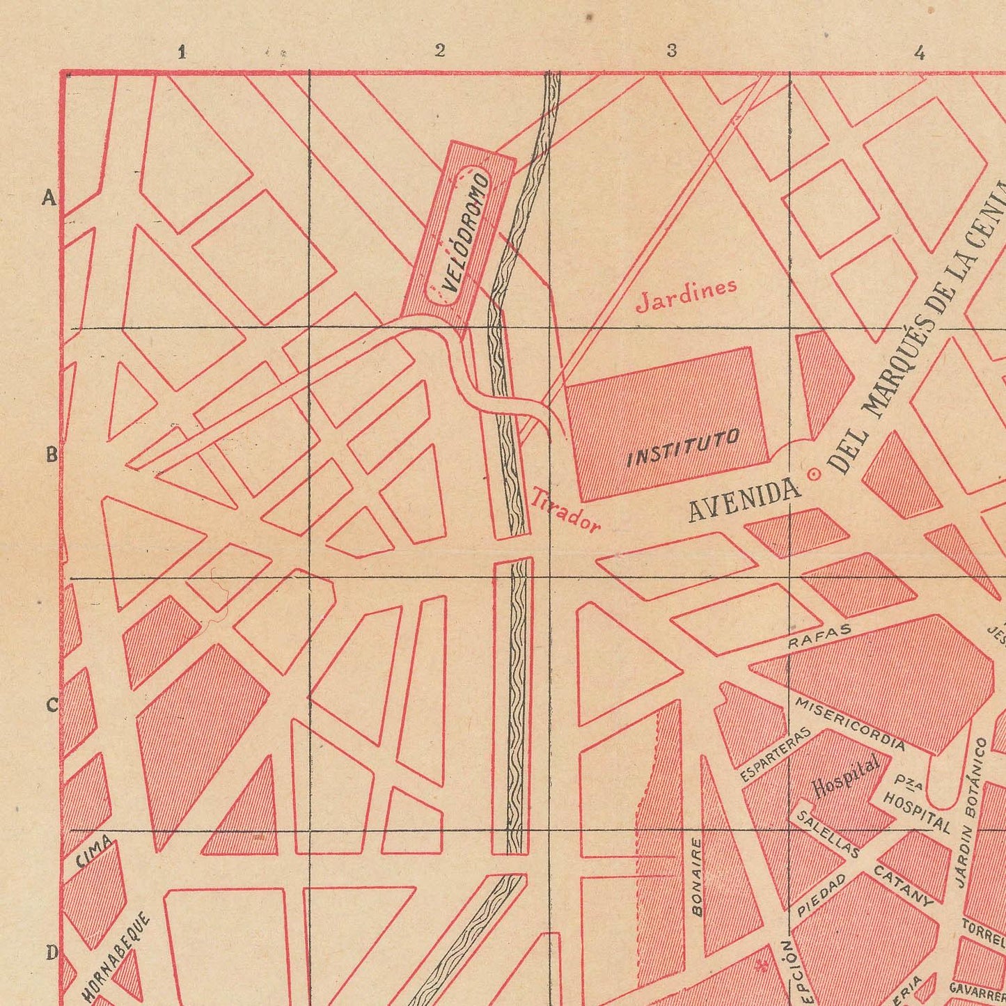 Vintage map with red lines and text on a beige background