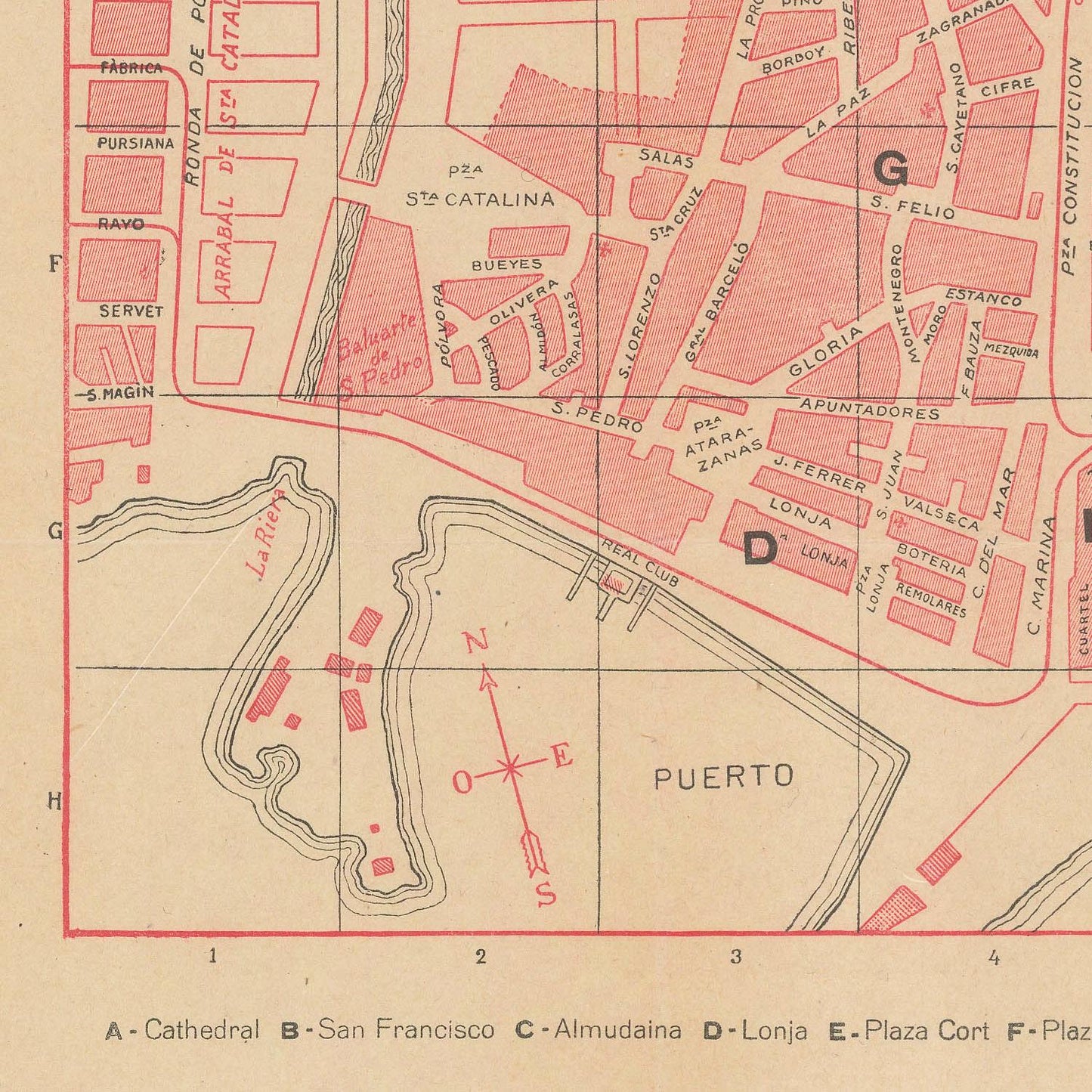 Vintage map of a coastal area with streets and landmarks labeled