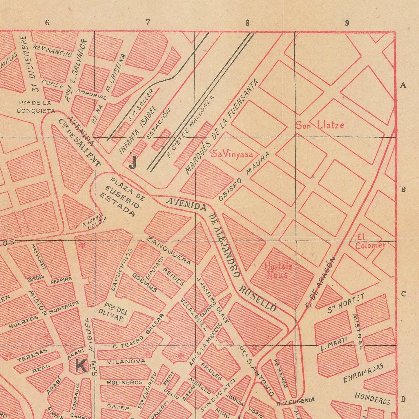 Vintage map of a city layout with streets and landmarks