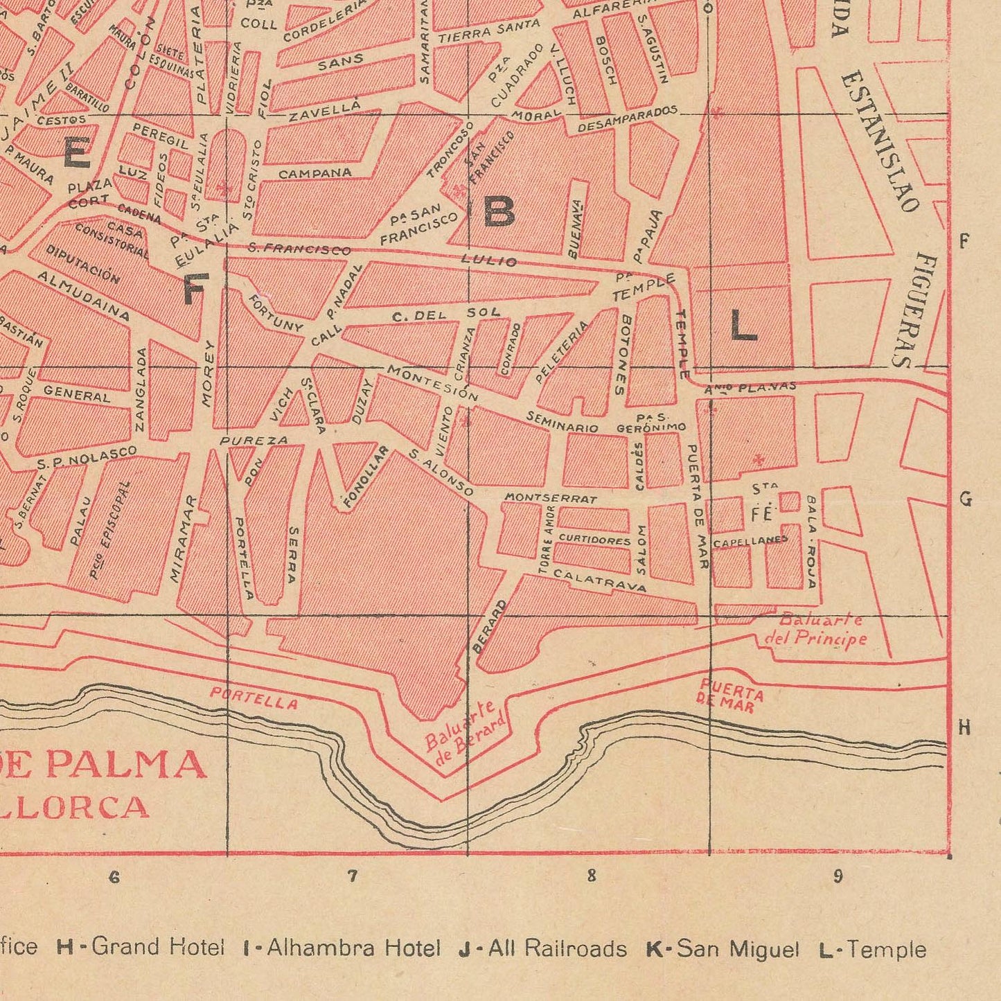 Vintage map of Palma de Mallorca with street names and landmarks.