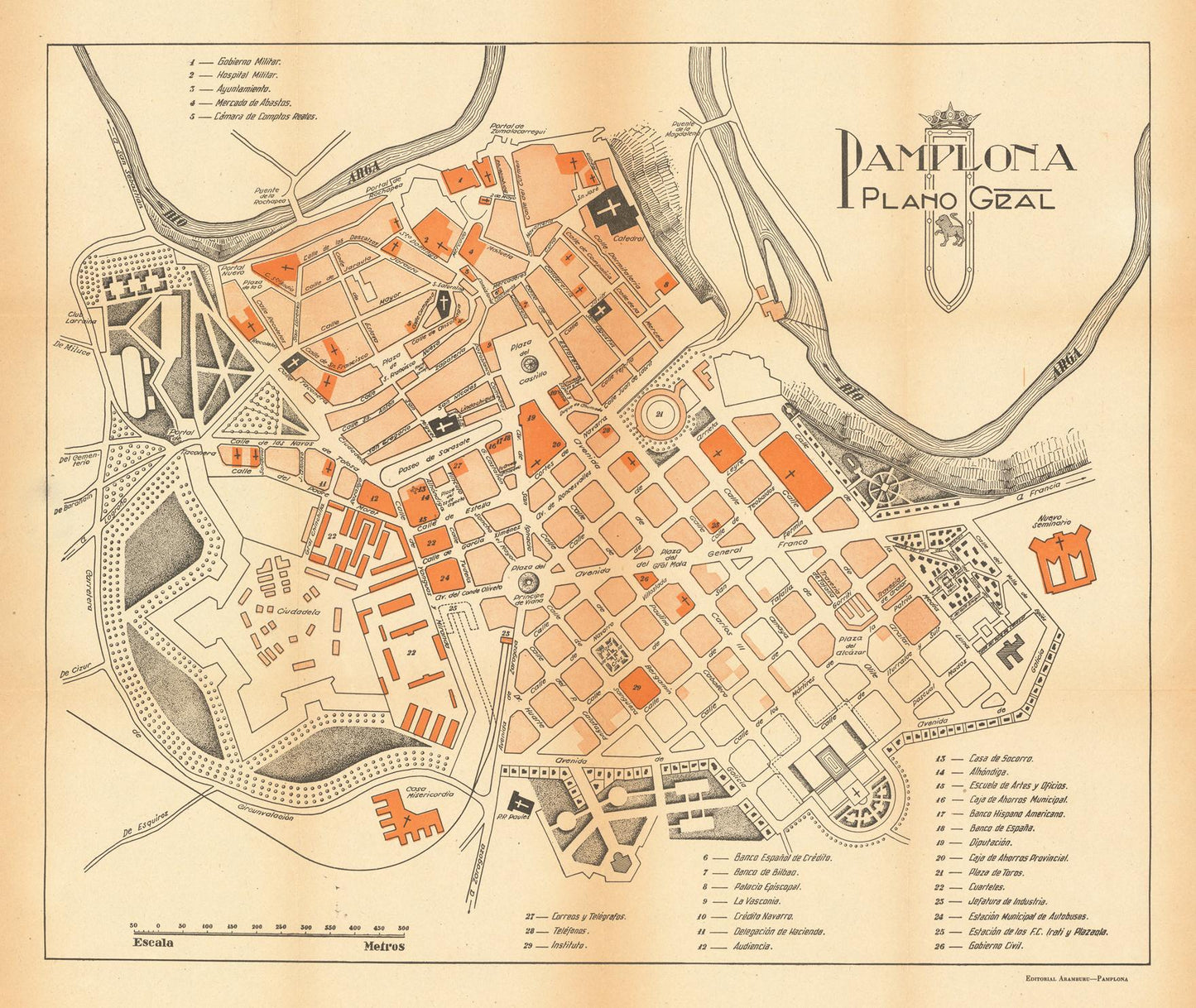 Vintage map of Pamplona with labeled streets and landmarks on a beige background