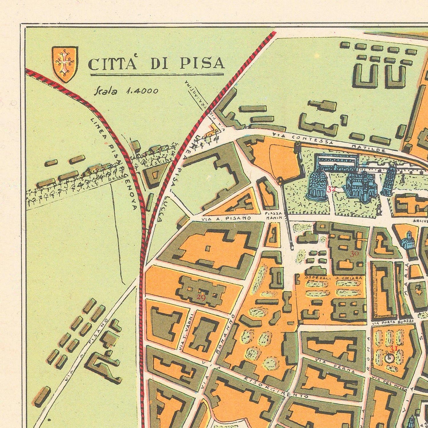 Vintage map of Città di Pisa with colored sections and labels.