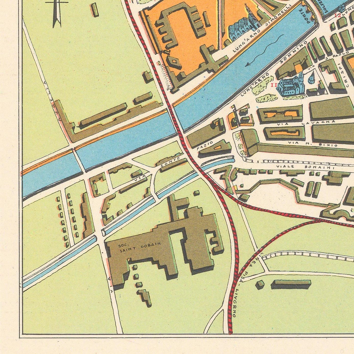 Colorful vintage map of a city layout with roads, buildings, and waterways.