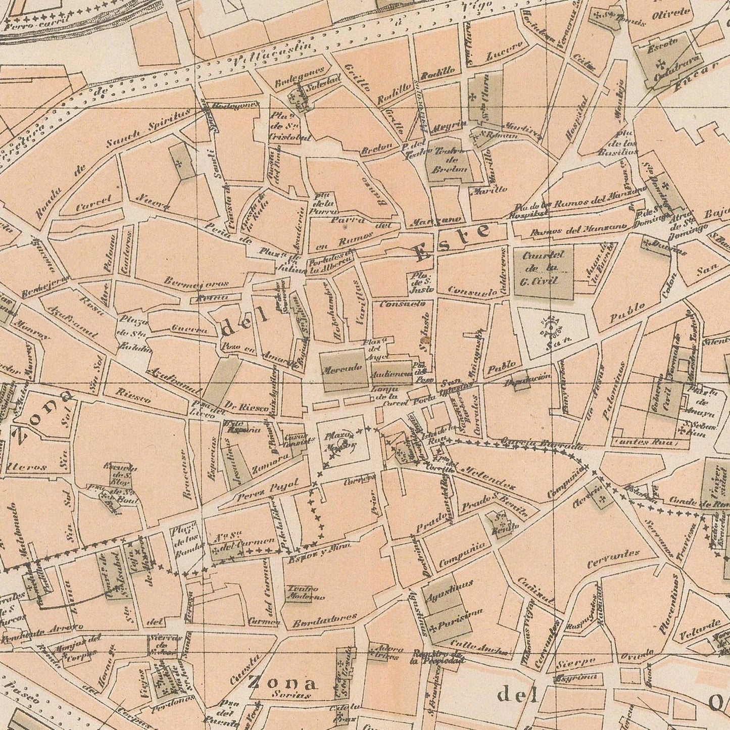 Vintage map with street names and labels on a beige background