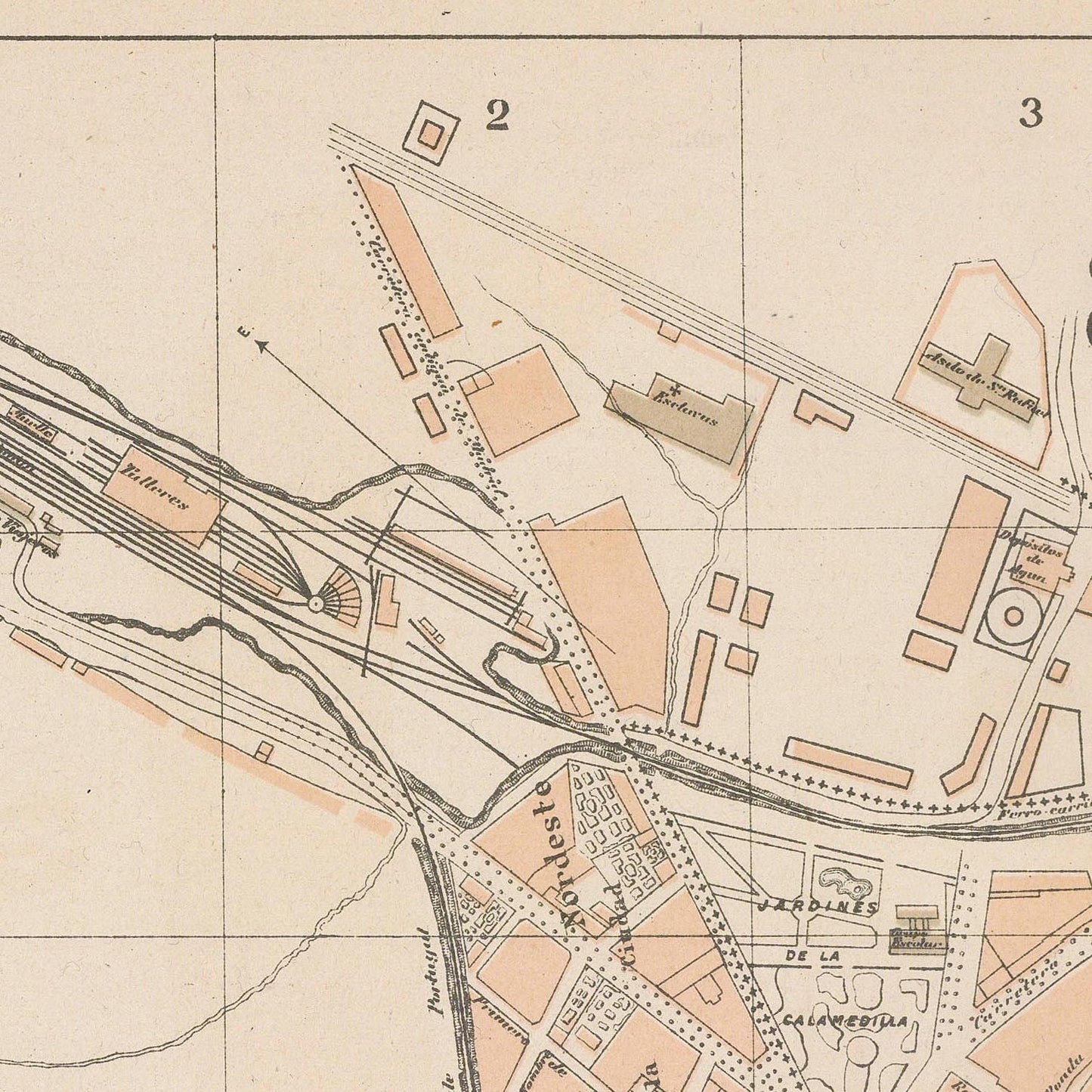 Vintage map of a city layout with roads and buildings