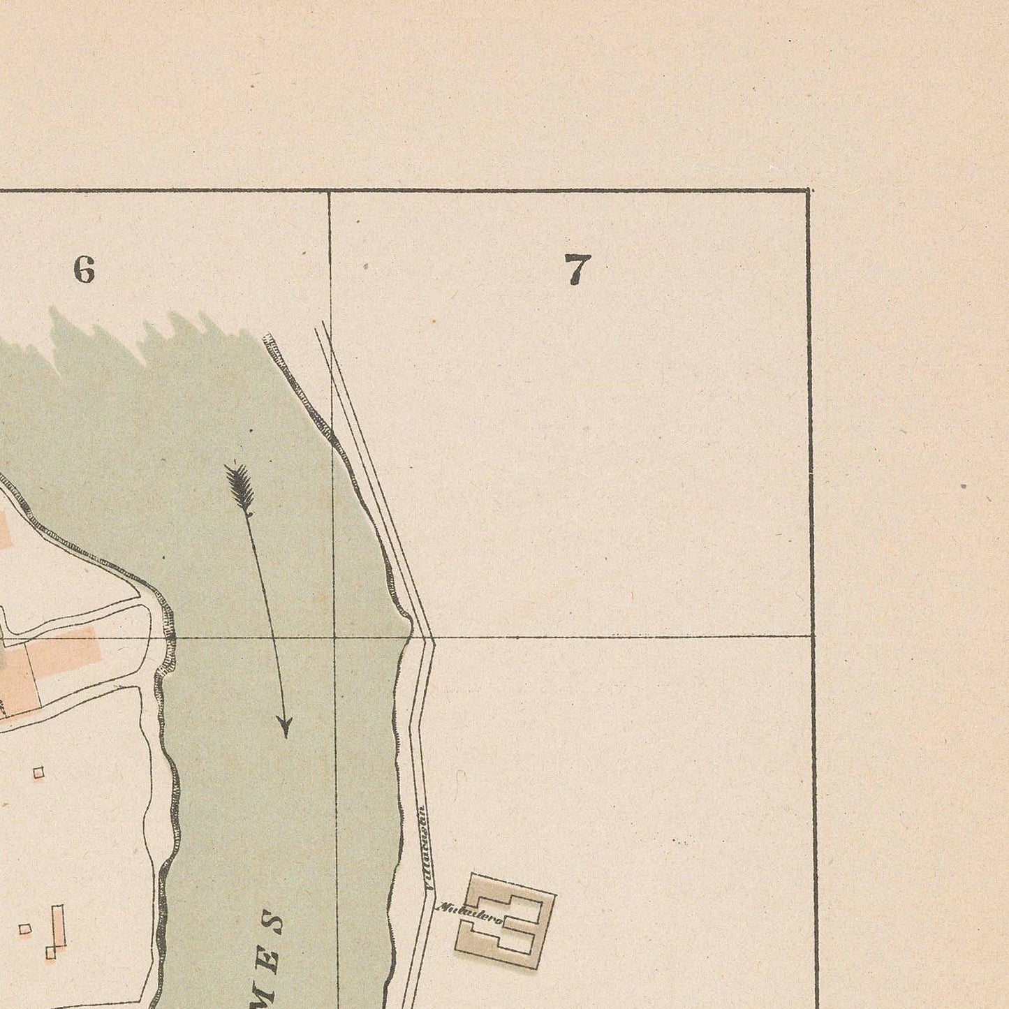 Vintage map with labeled sections and a river
