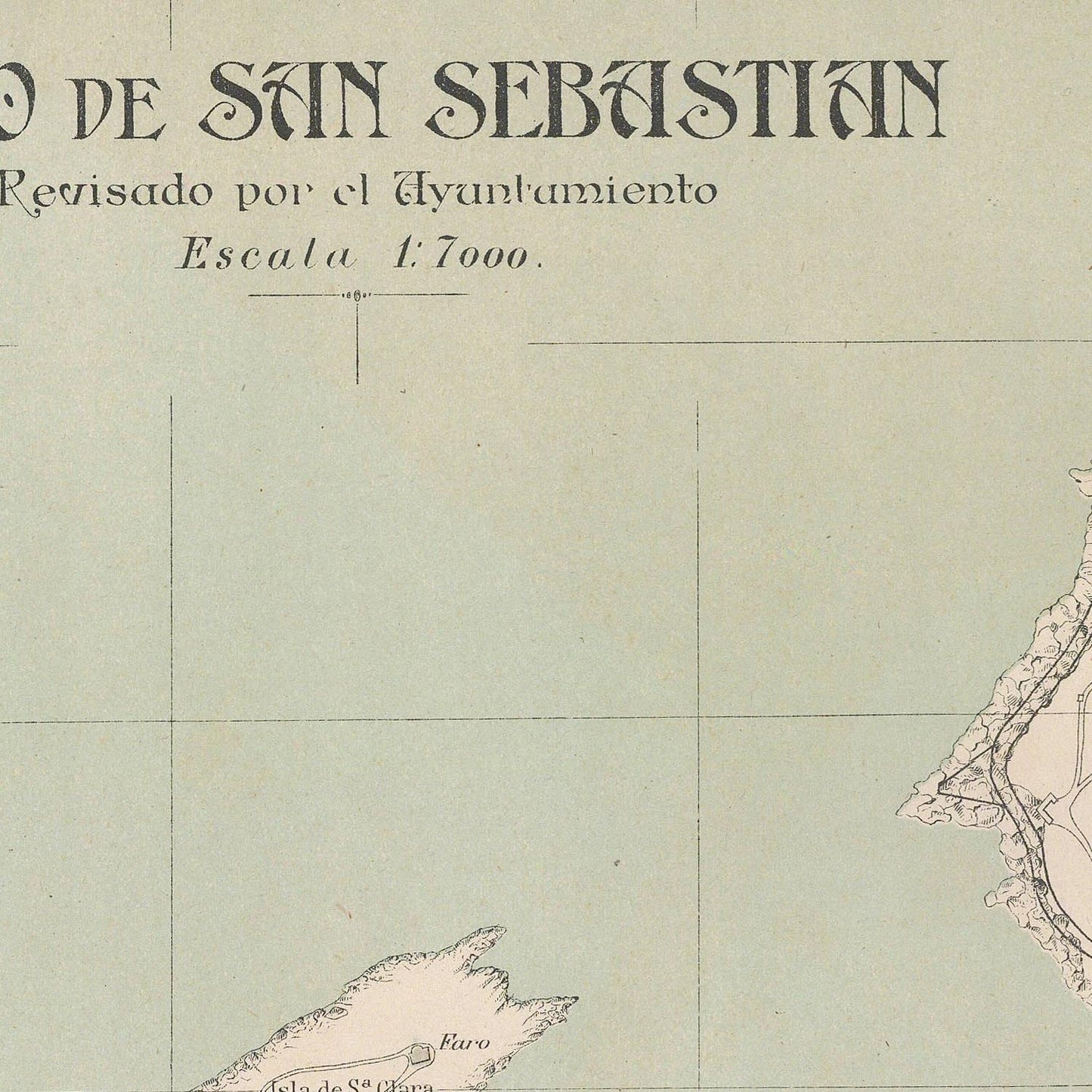 Vintage map of San Sebastian with grid lines and text on a light green background