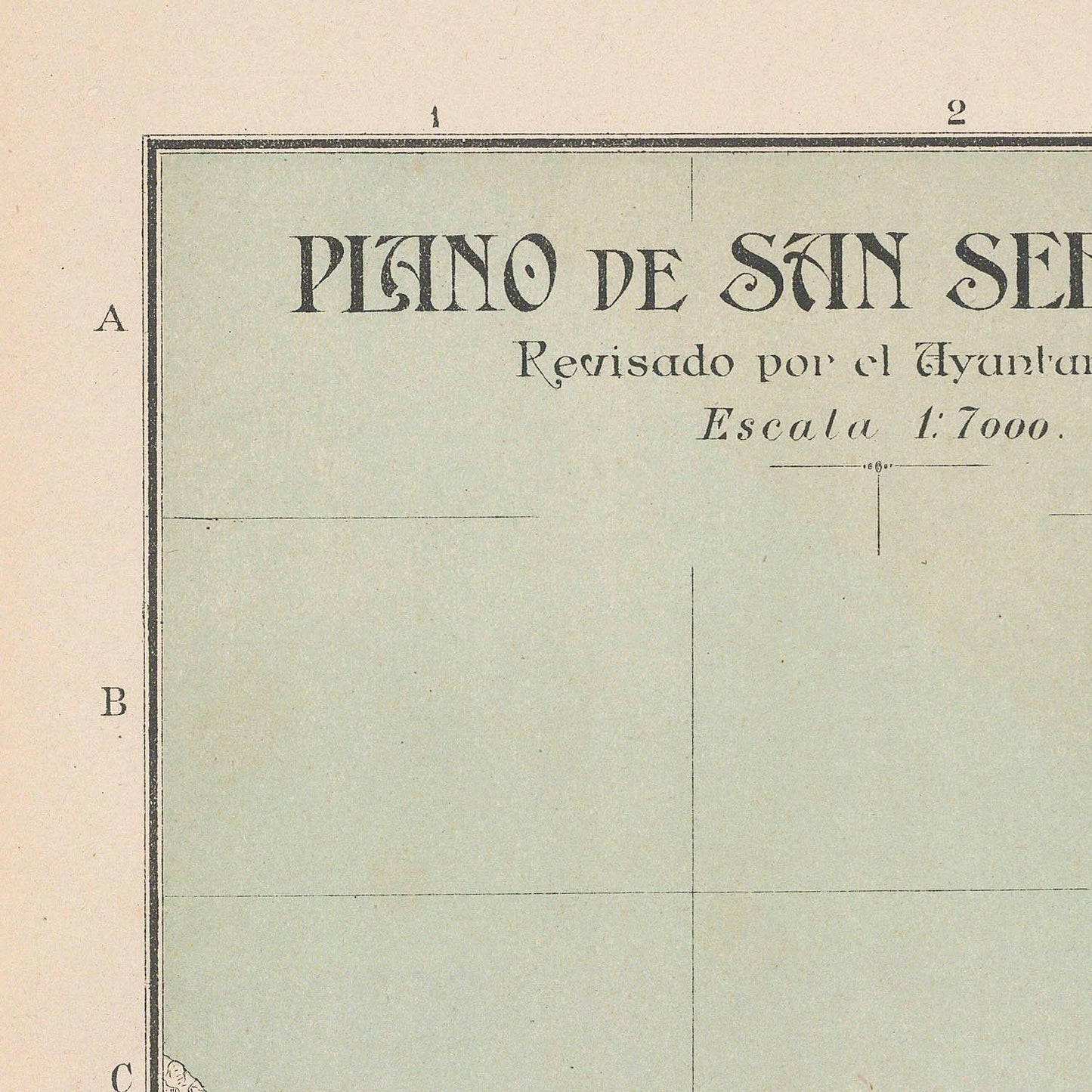 Vintage map with text 'Plano de San Sebastian' and scale information on a beige background