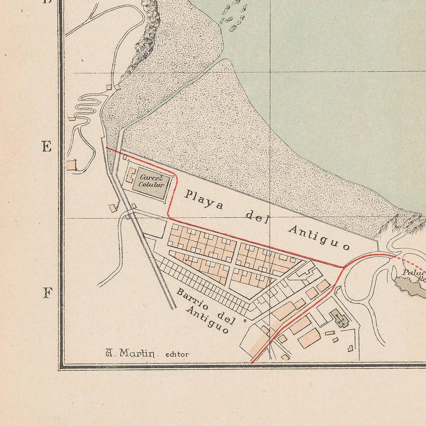 Vintage map of a coastal area with 'Playa del Antiguo' and 'Barrio del Antiguo' labeled.