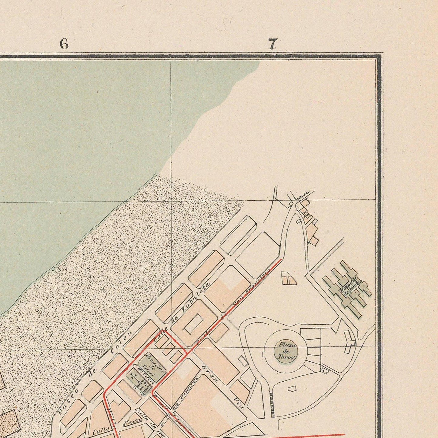 Vintage map of a coastal area with roads and buildings