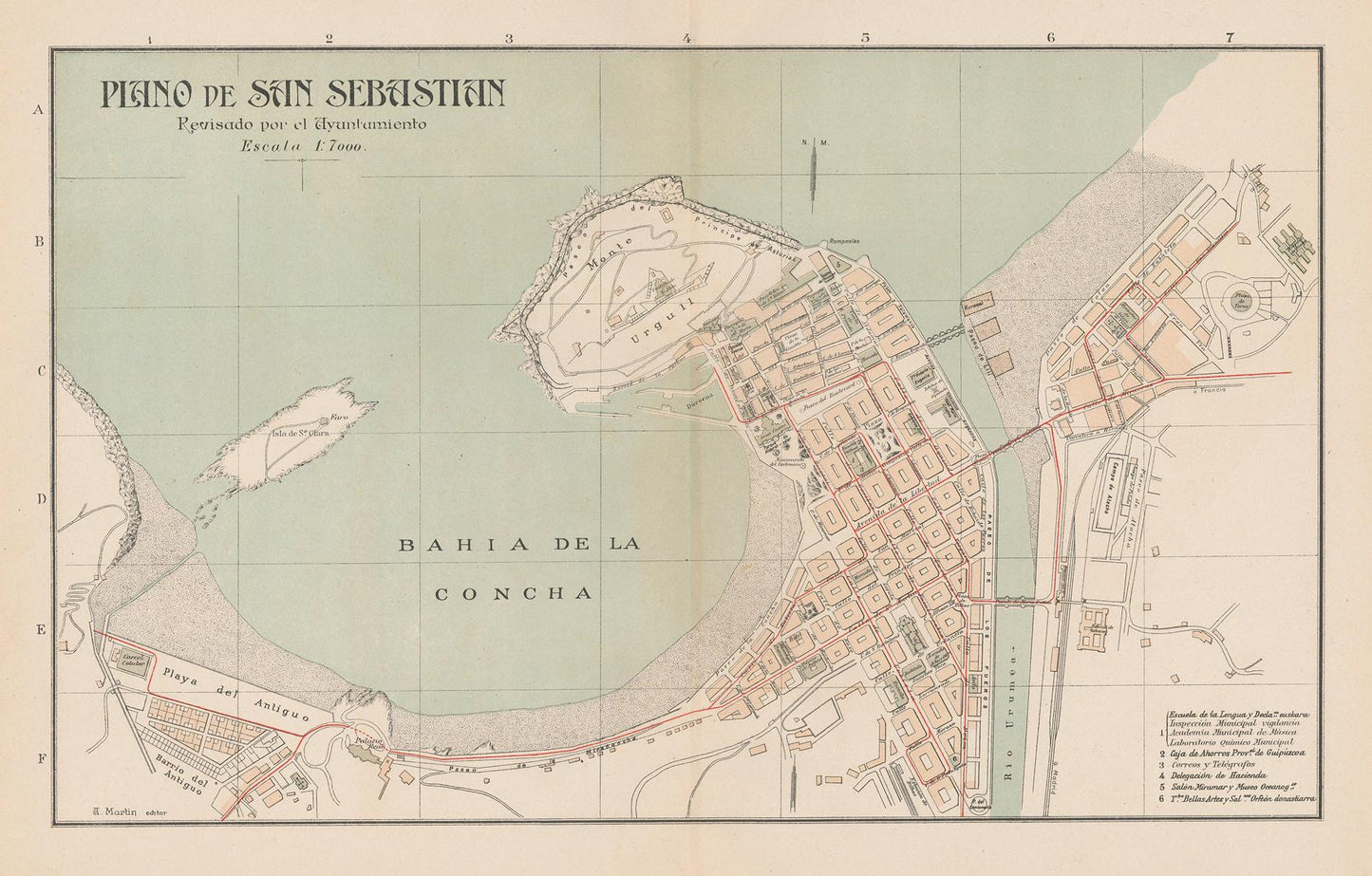 Vintage map of San Sebastian, Spain with coastal layout and landmarks.