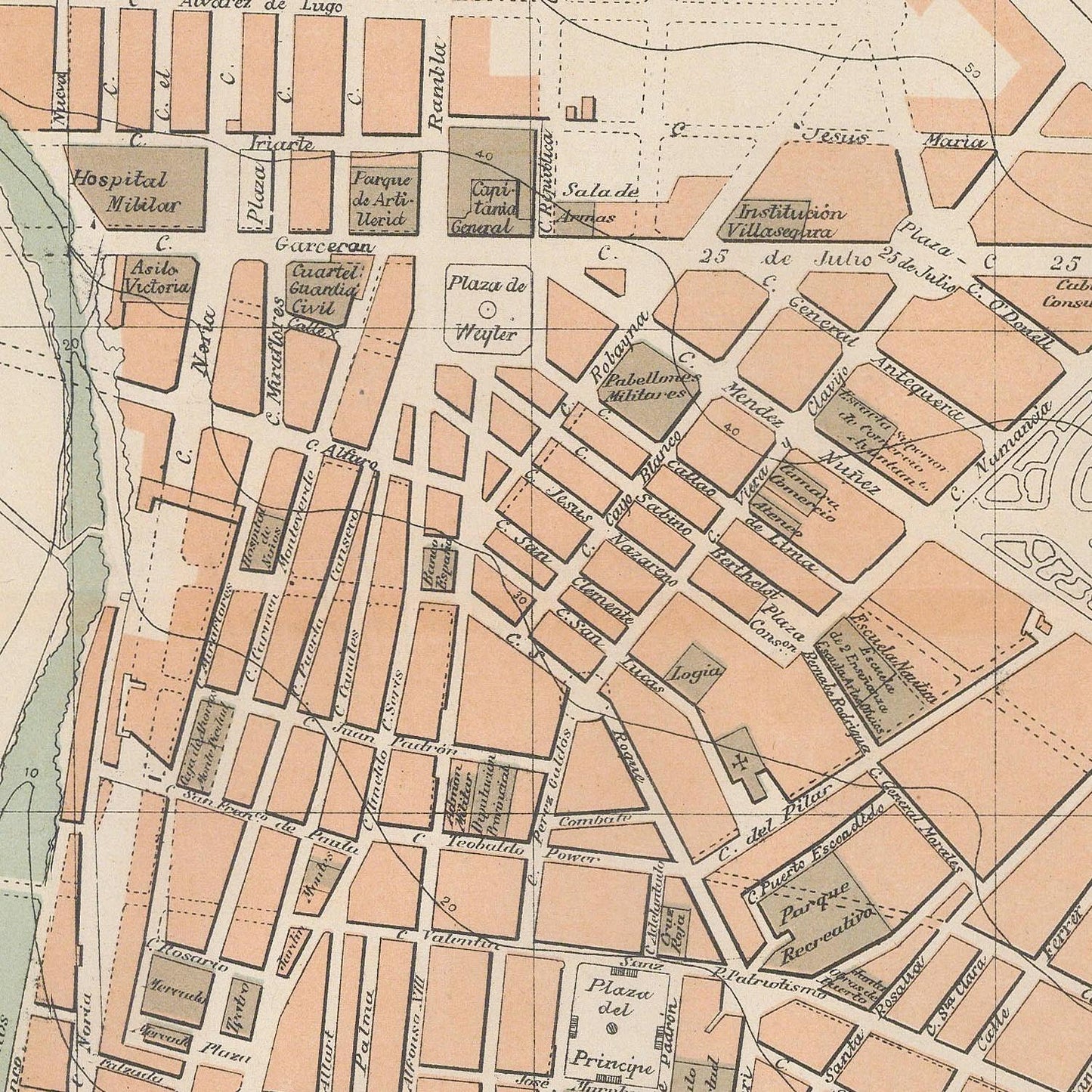 Old map of a city layout with streets and buildings