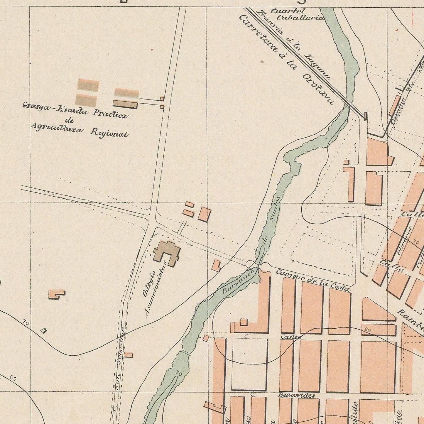 Old map of a city layout with streets and buildings