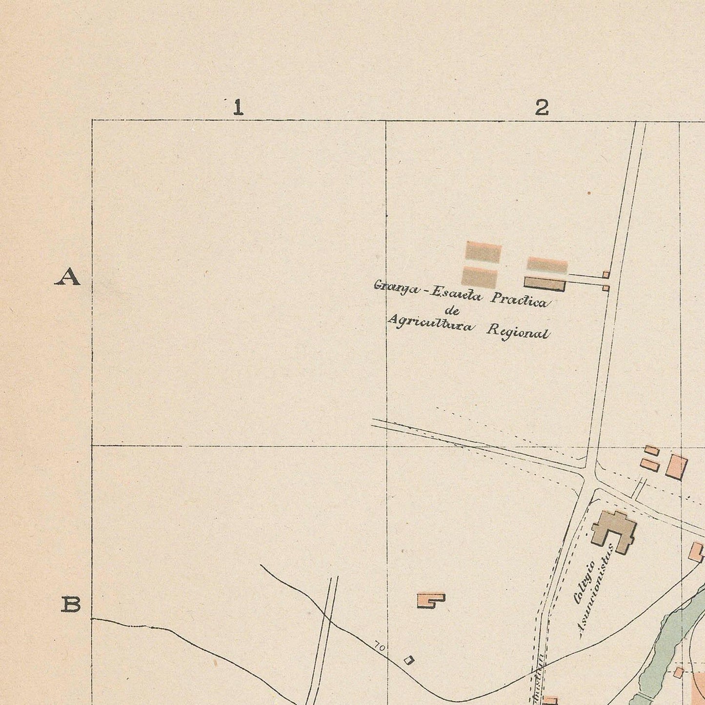Old map with labeled sections and buildings on a beige background