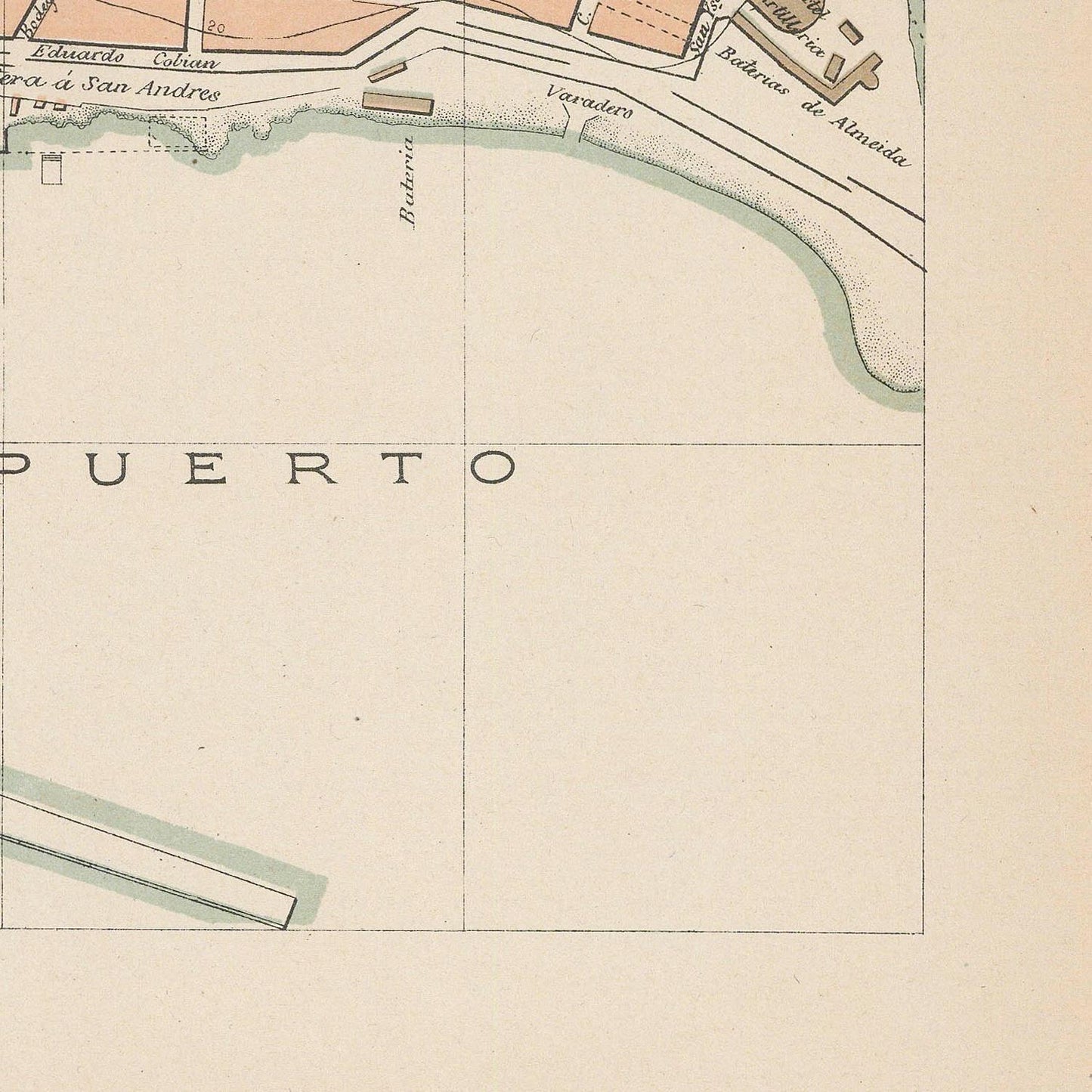 Vintage map section with 'PUERTO' and water body labeled 'Riachuelo', on a beige background.