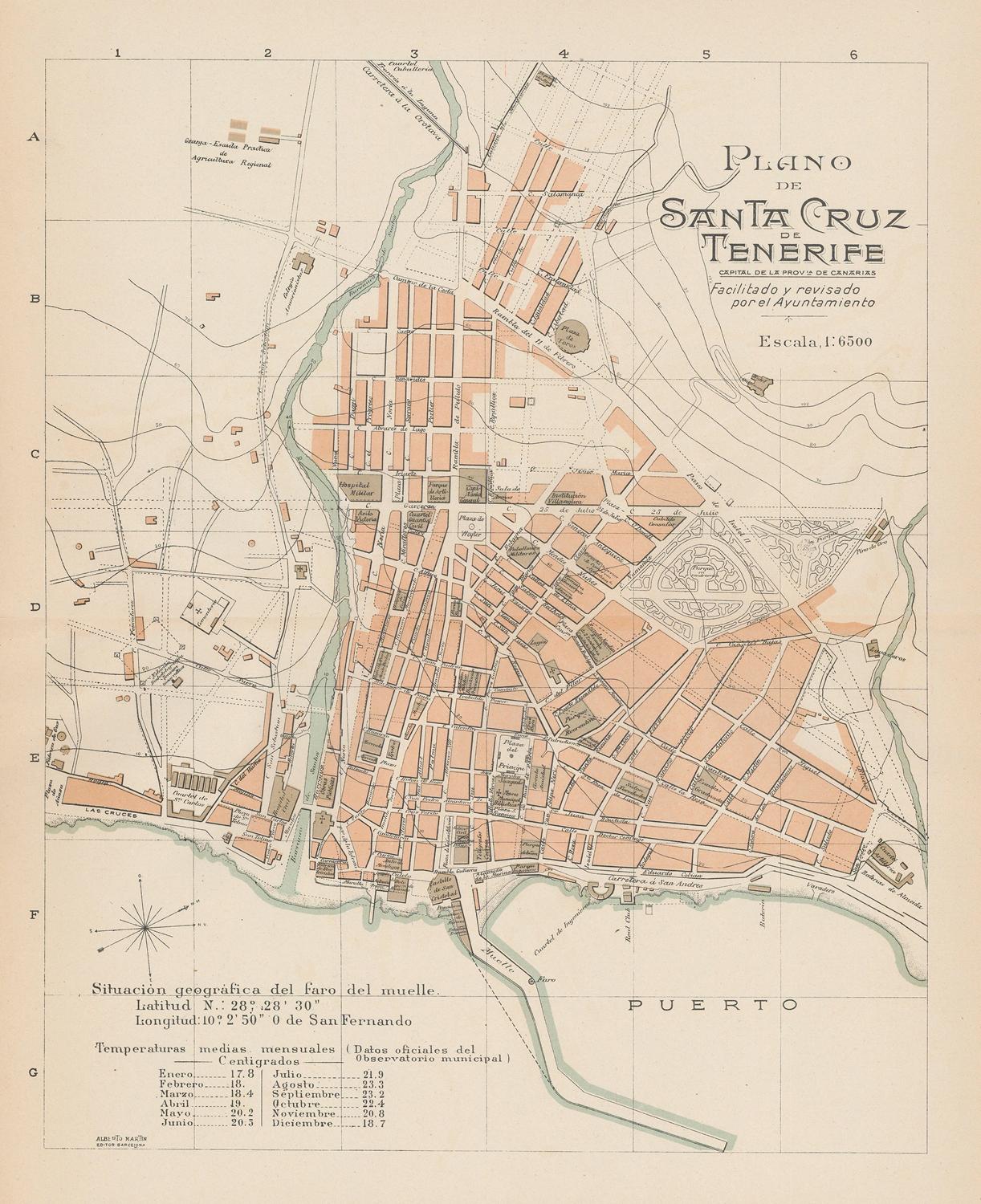 Vintage map of Santa Cruz Tenerife with labeled streets and landmarks