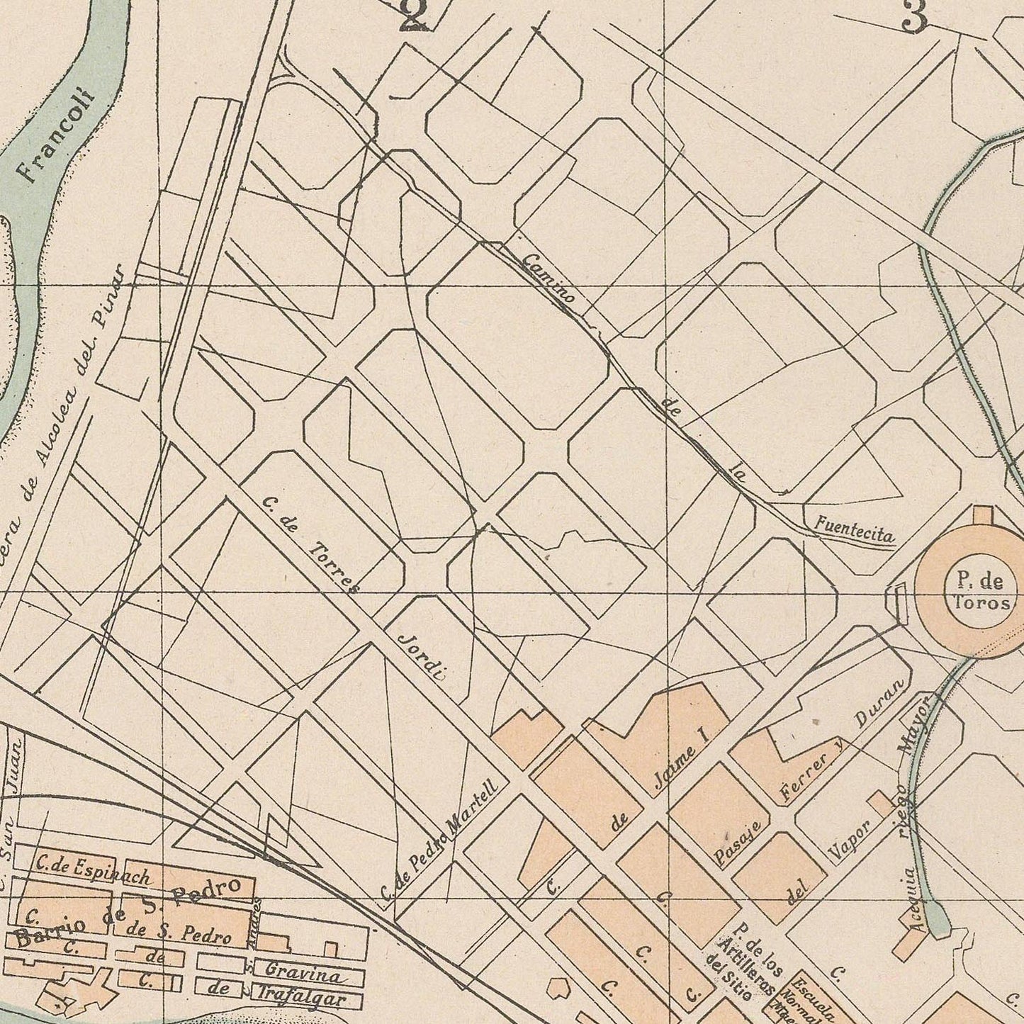 Vintage map of a city layout with streets and landmarks