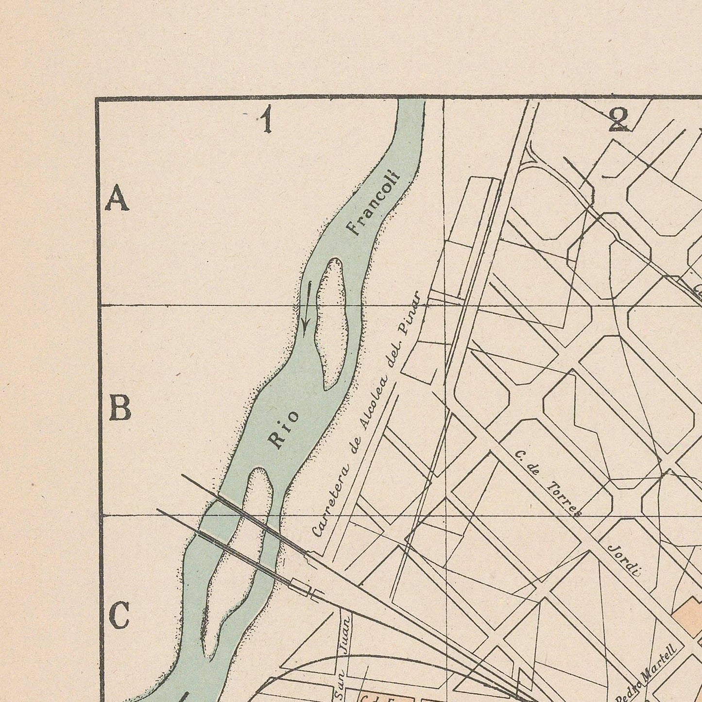 Vintage map of a river and surrounding area with labeled streets and grid lines.