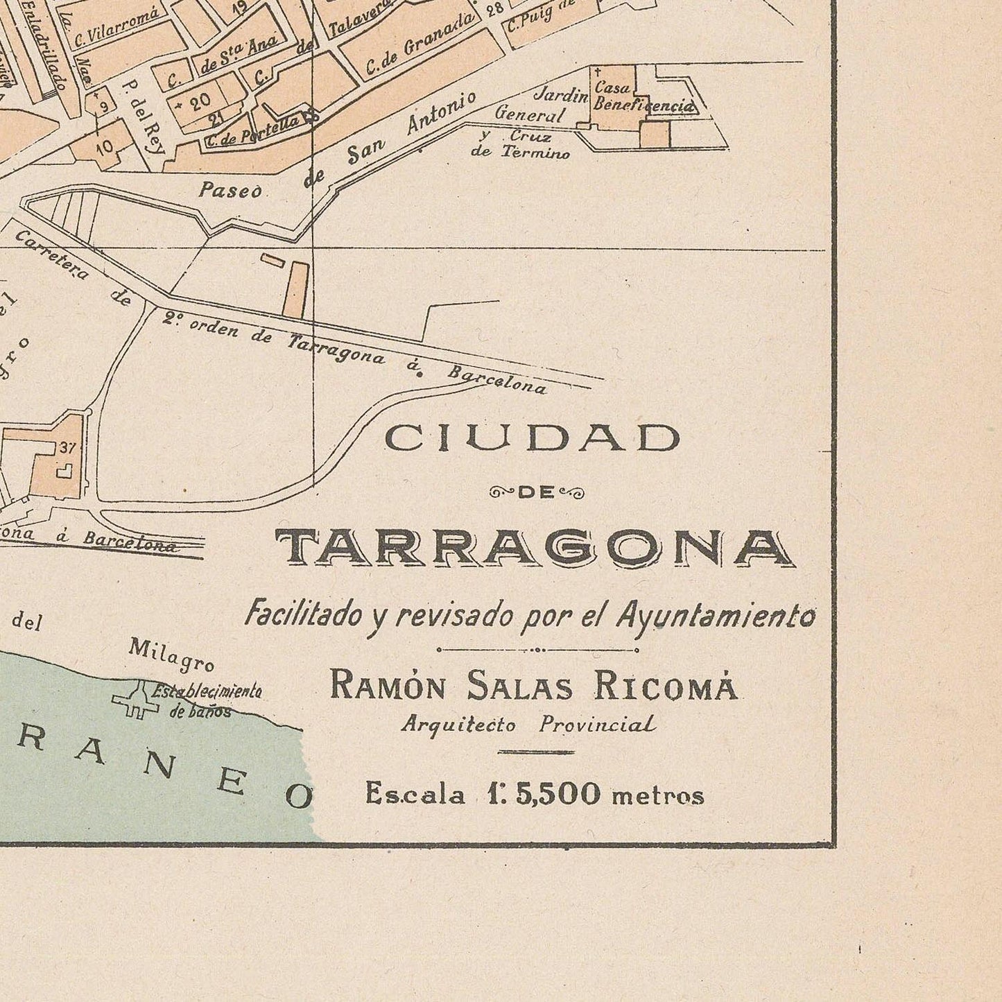 Vintage map of Tarragona with architectural details and street names.