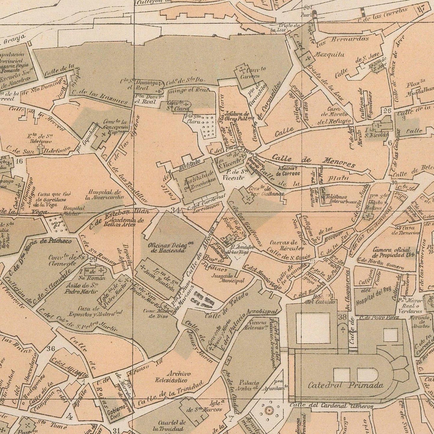 Vintage map of a city layout with streets and buildings