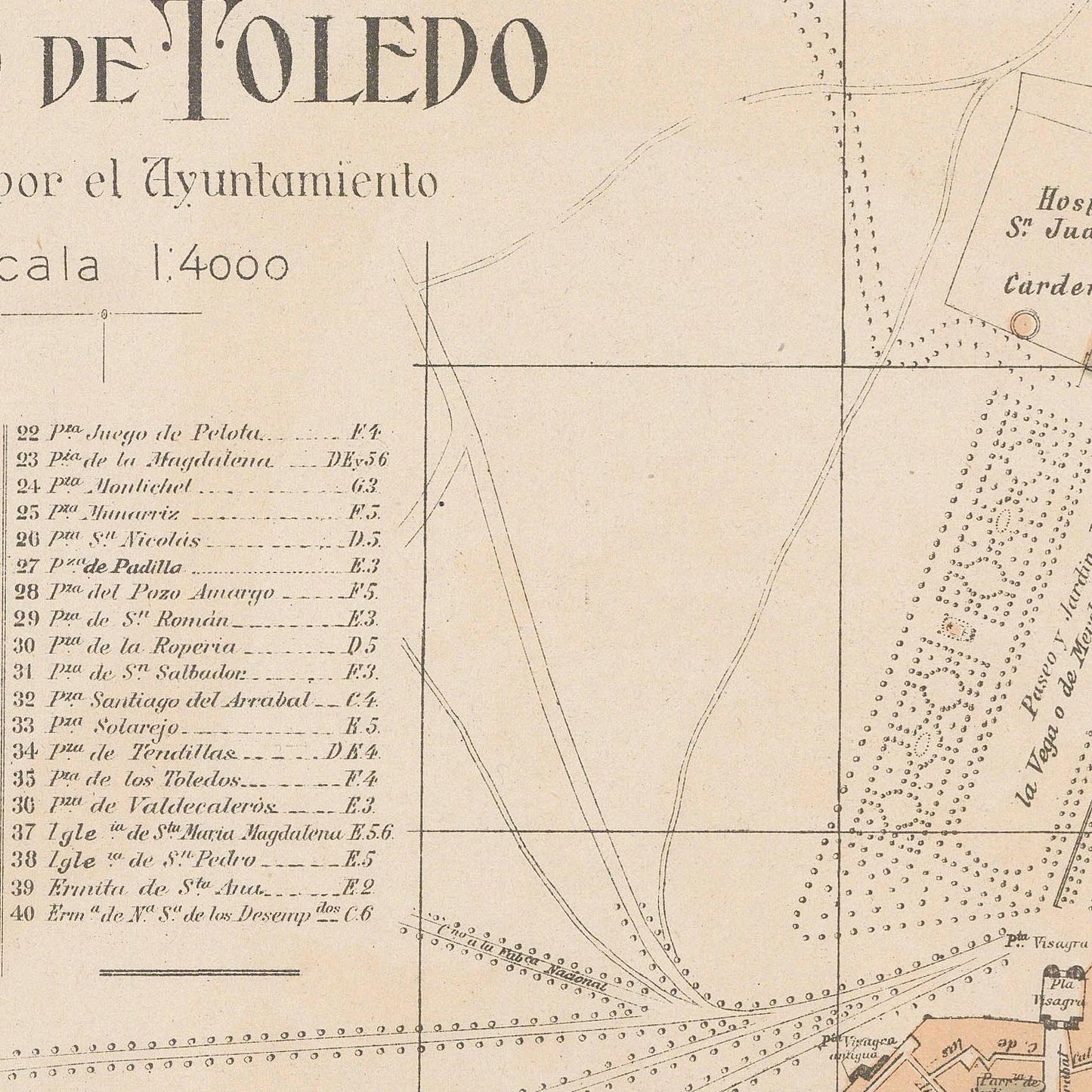 Vintage map of Toledo with street names and distances