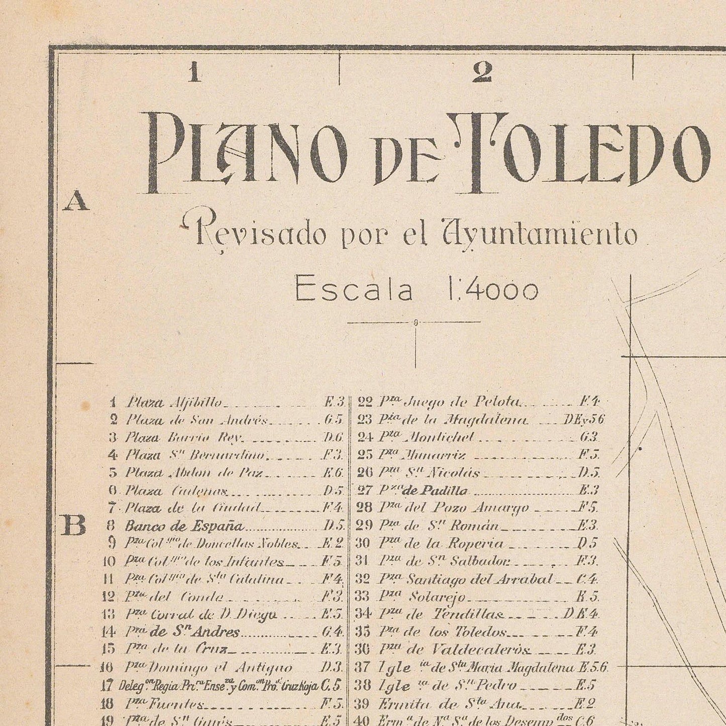 Vintage map of Toledo with street names and distances