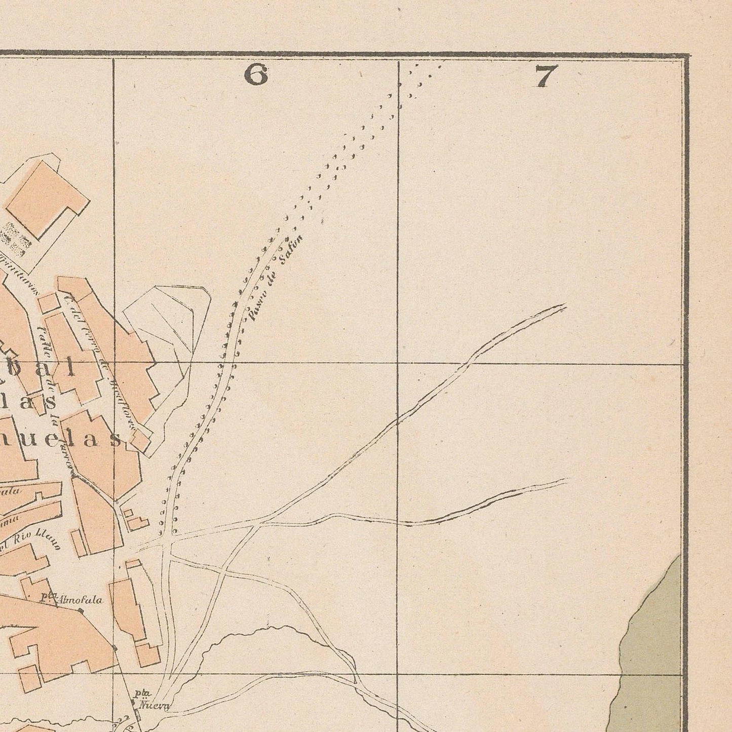 Old map with labeled streets and boundaries