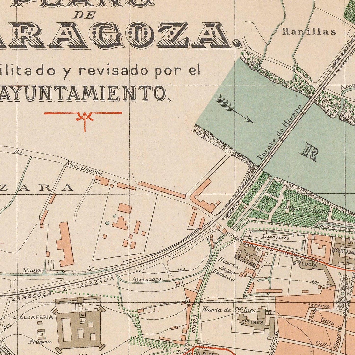Vintage map of Zaragoza with labeled streets and landmarks