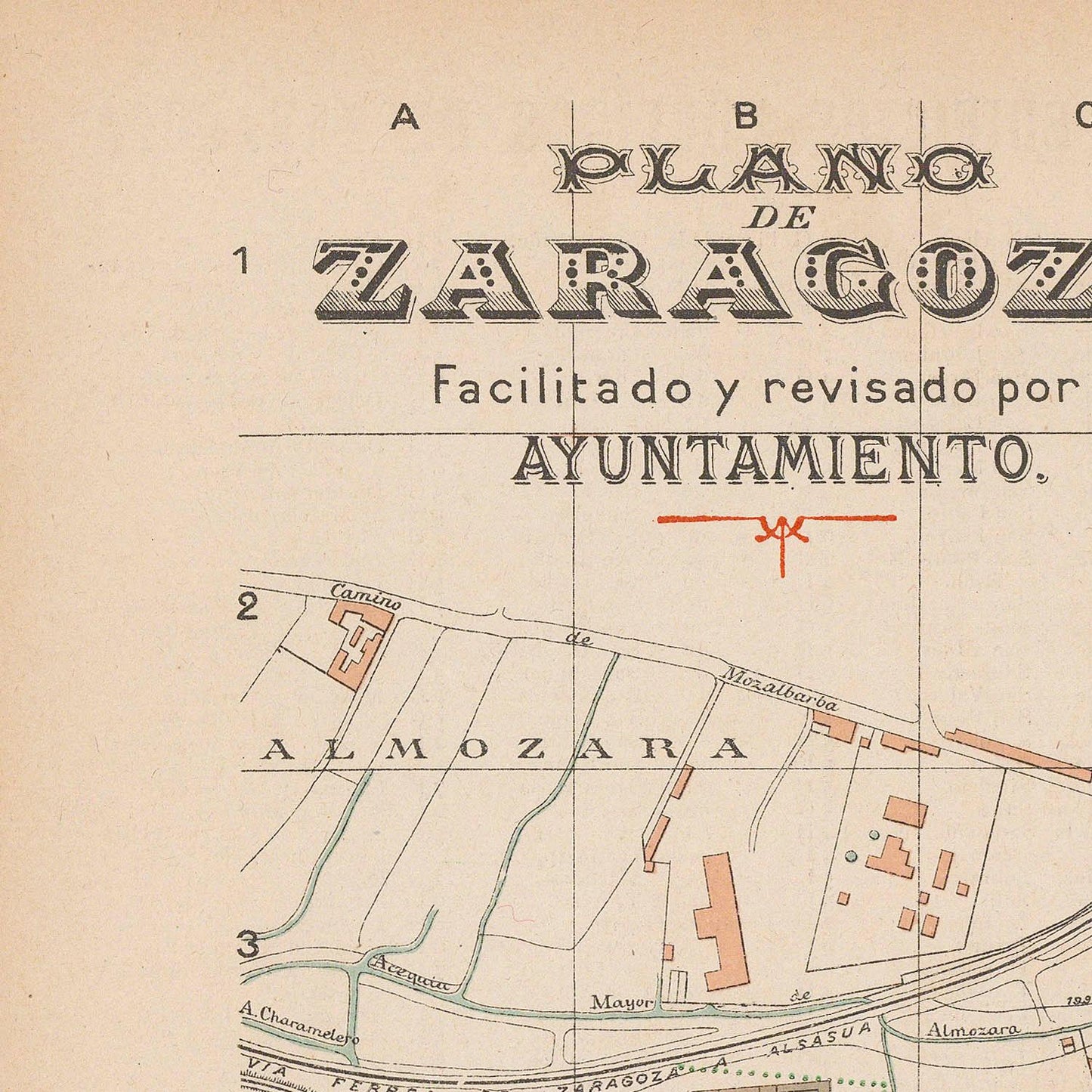 Vintage map of Zaragoza with street names and labels, published by the Ayuntamiento.