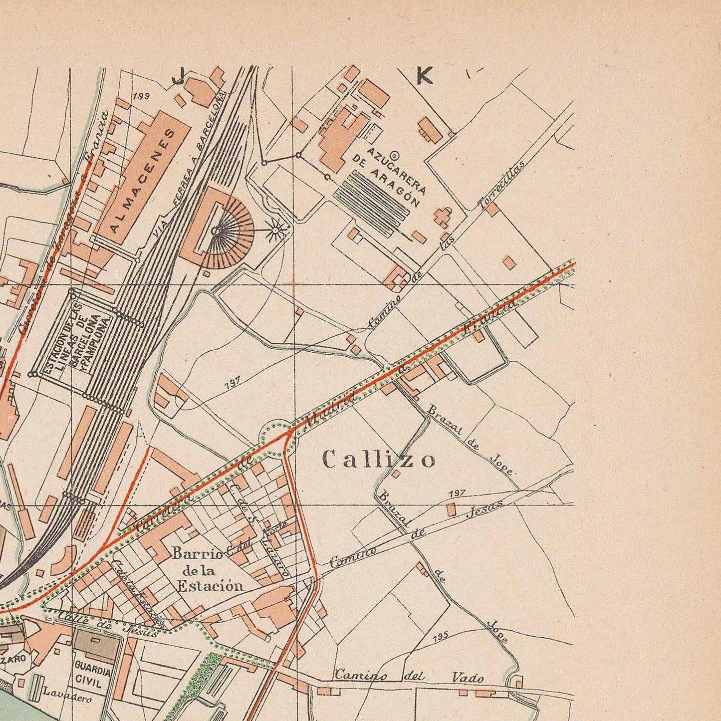 Vintage map of a city layout with labeled streets and buildings
