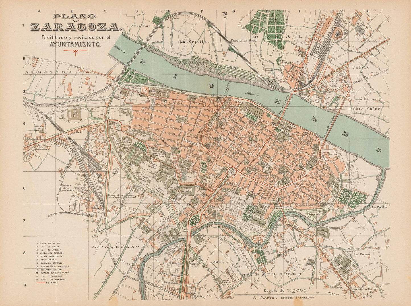 Vintage map of Zaragoza with colored sections and labels