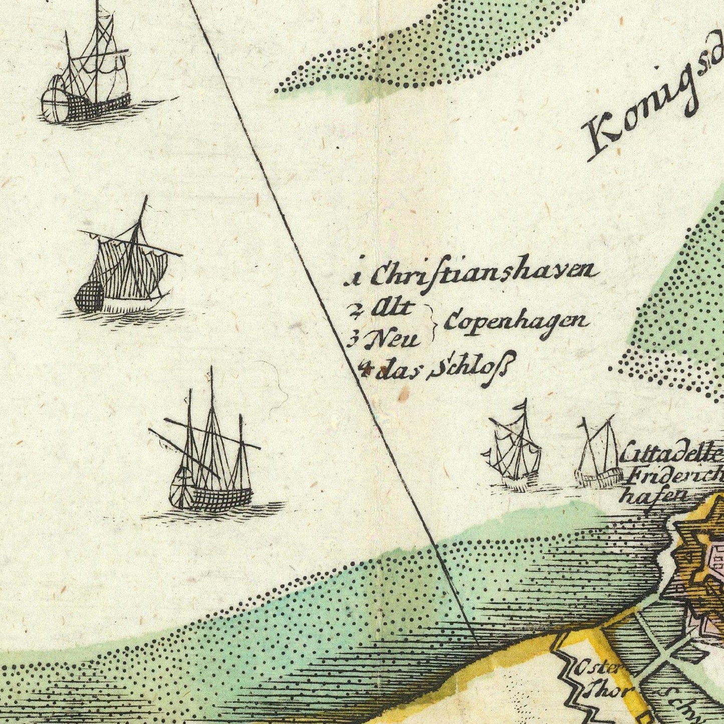 Vintage map of Copenhagen with ships and labeled locations