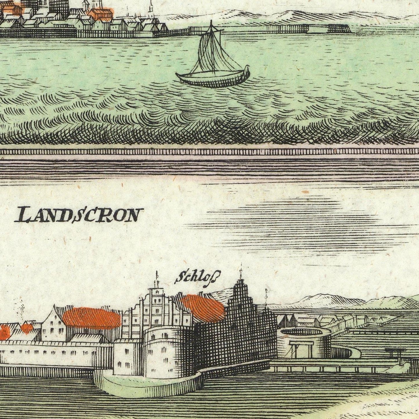 Vintage illustration of a coastal town with a castle and a sailboat on the water.