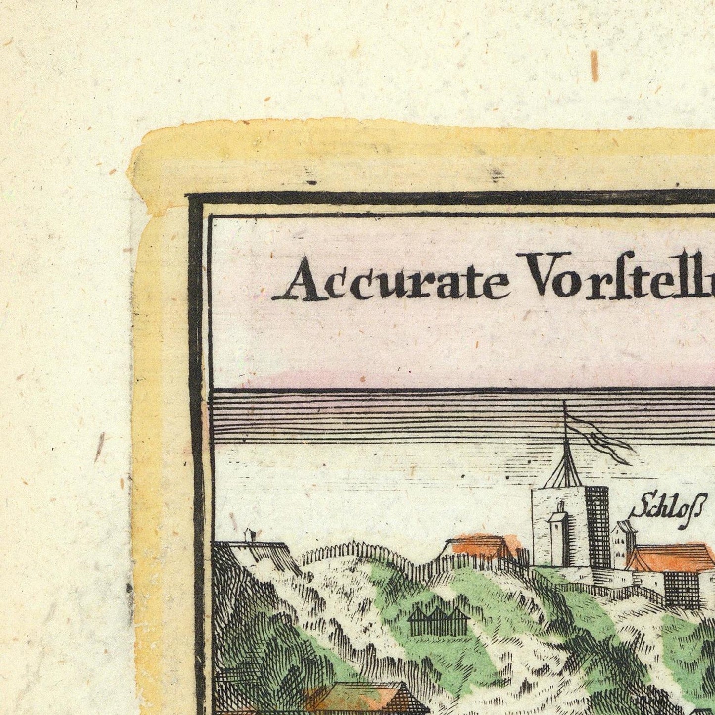 Vintage illustration of a castle with text 'Accurate Vorstellung' on an aged paper background
