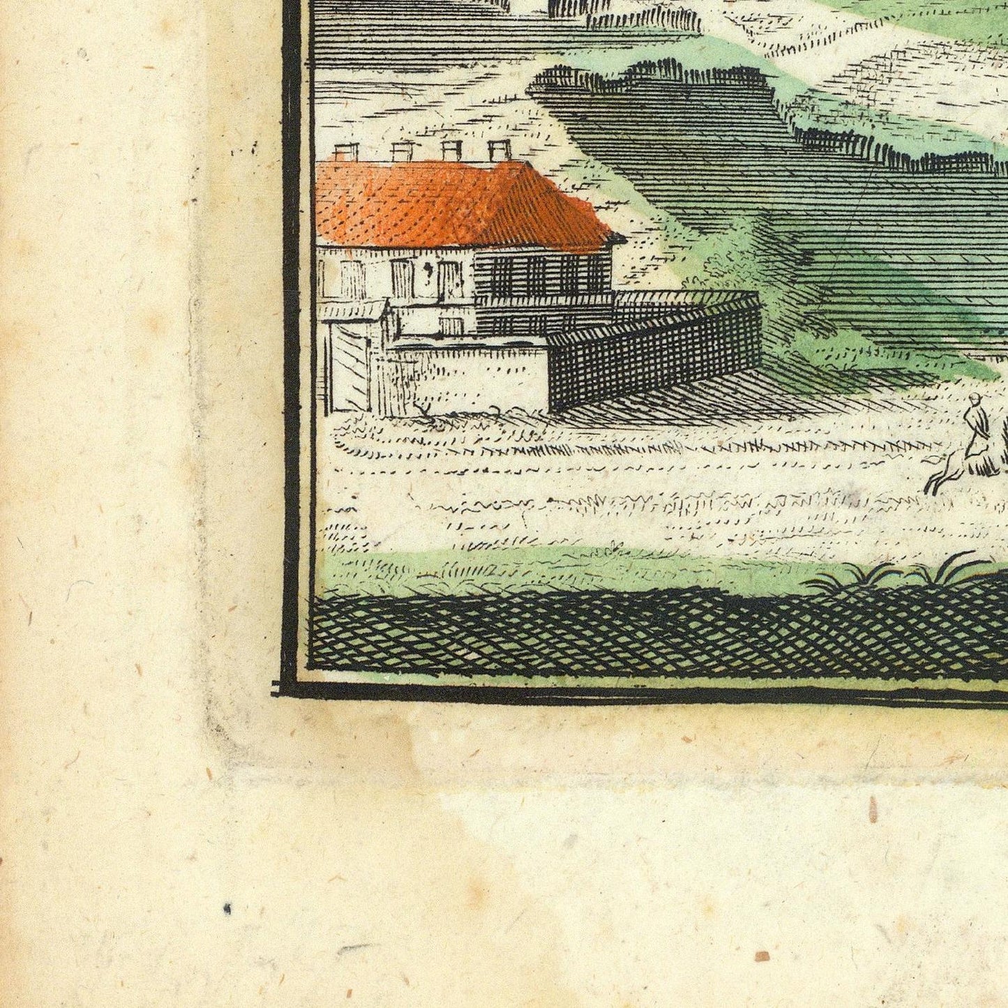 Vintage illustration of a house with a red roof in a natural setting