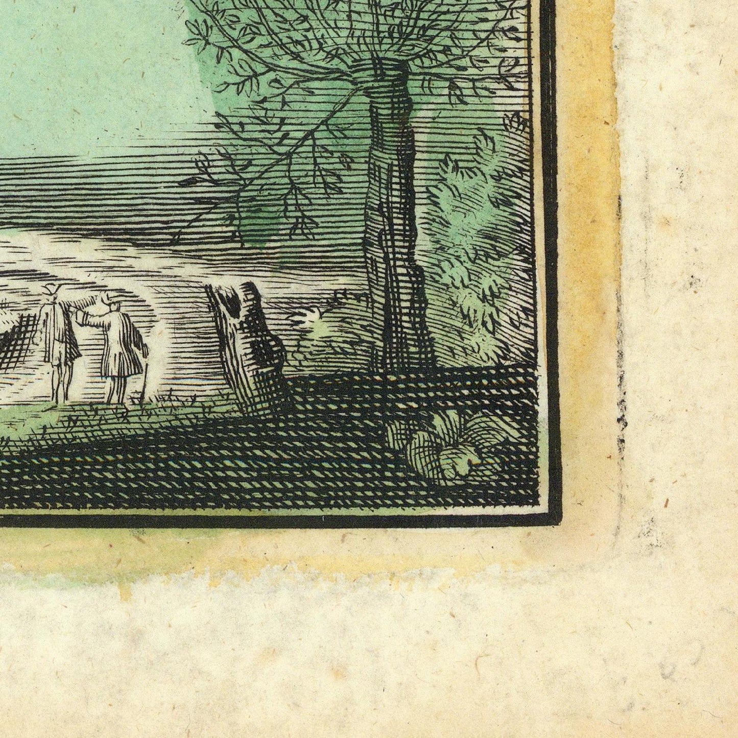 Vintage illustration of a landscape with trees and people, framed by a yellow border.