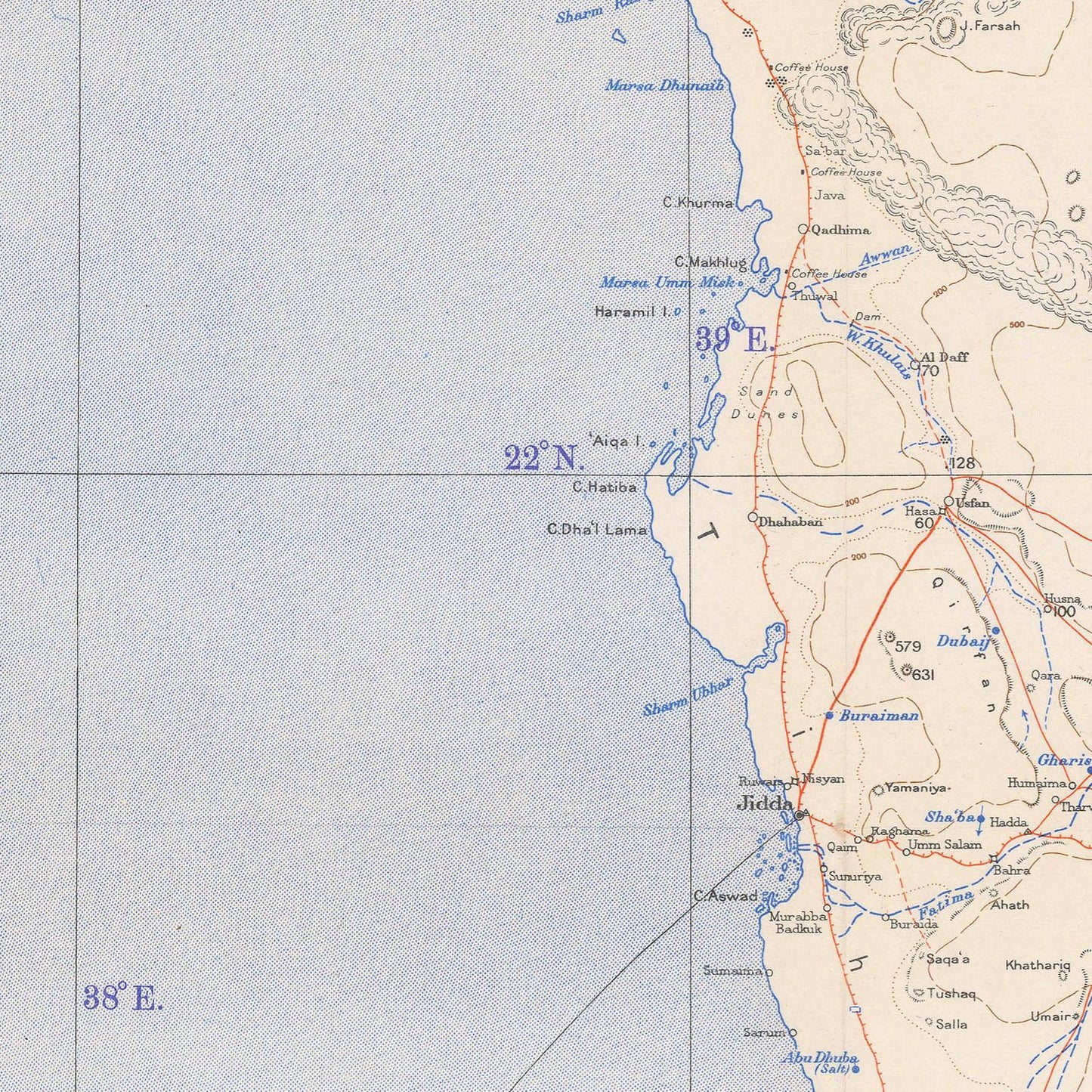 Map of a region with geographical features and coordinates