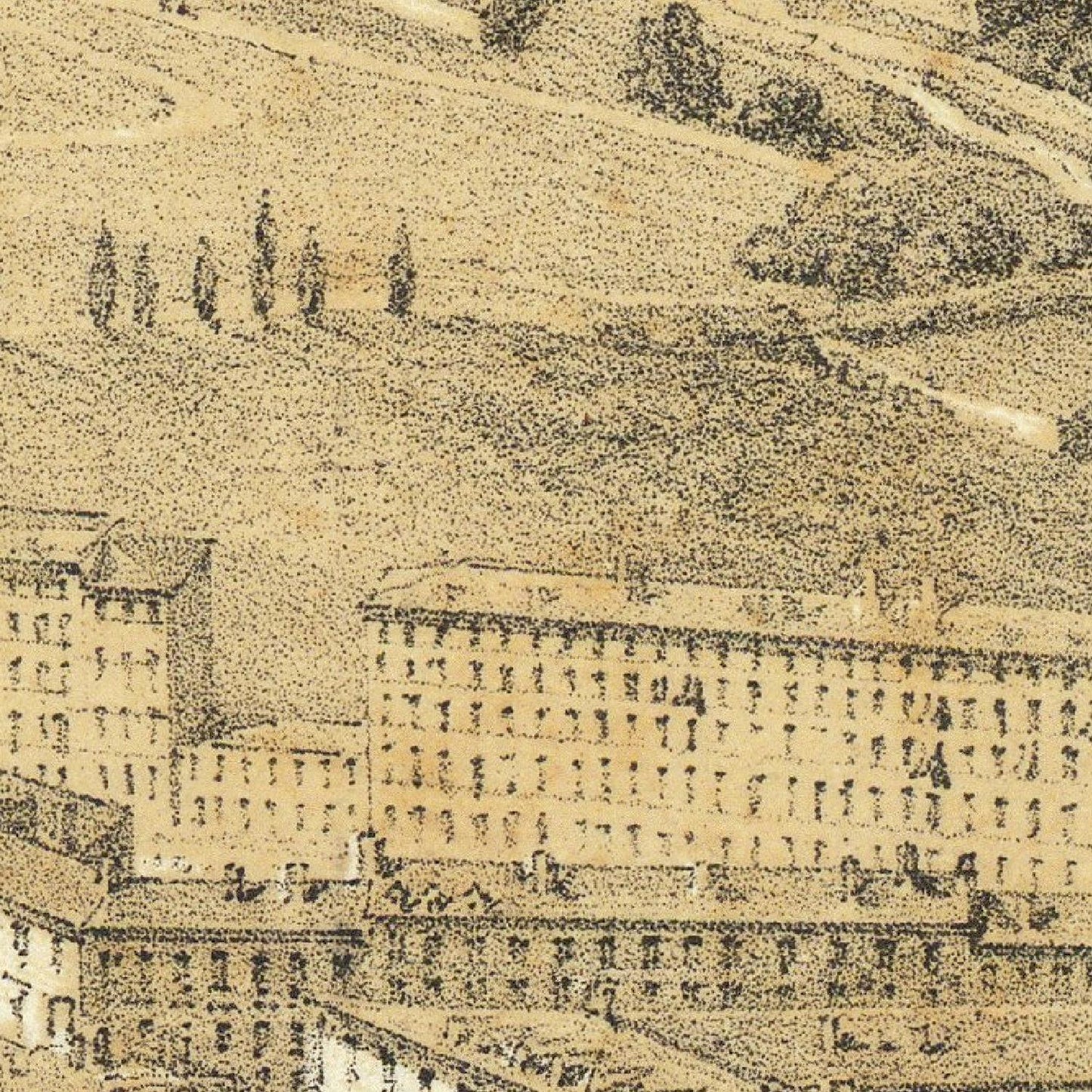 Vintage illustration of buildings and people on a hillside