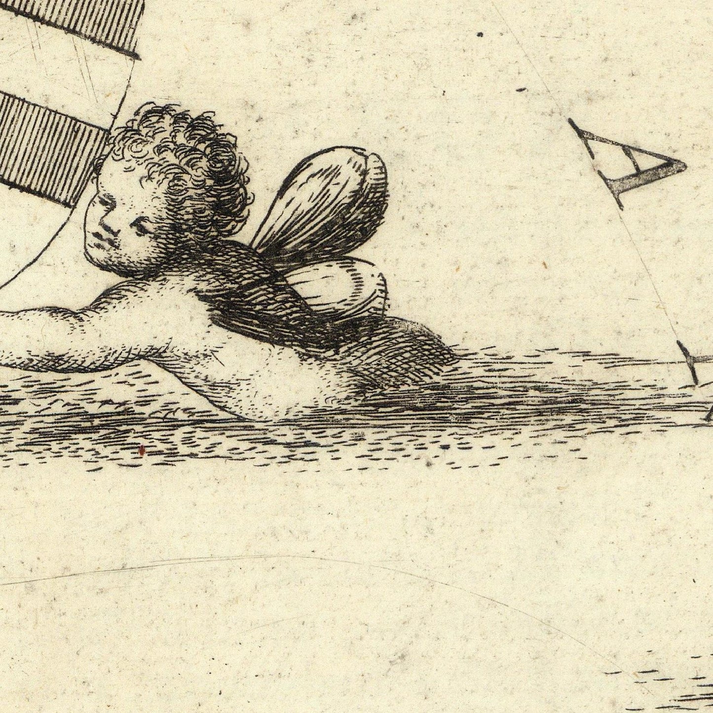 Vintage illustration of a cherub with wings and a sailboat in the background