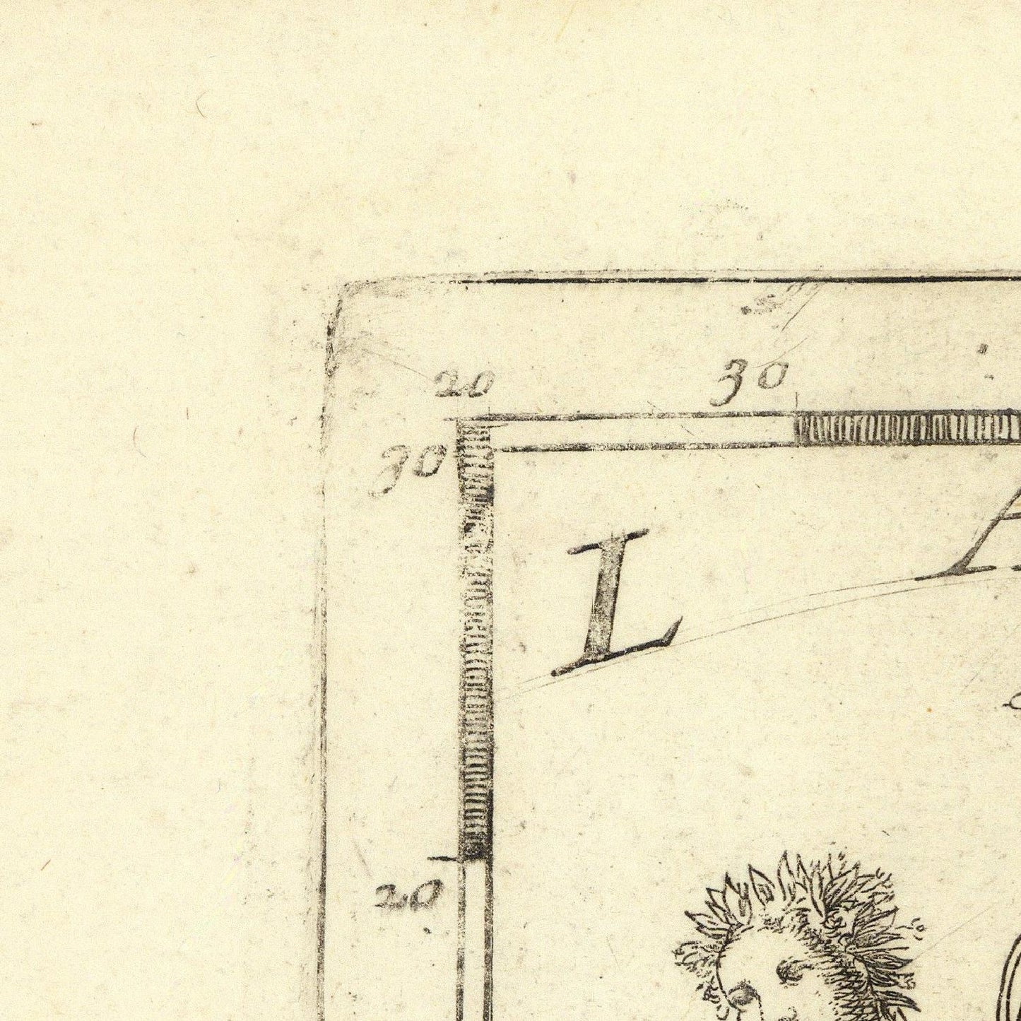 Corner of a map with measurements and a star symbol on a beige background