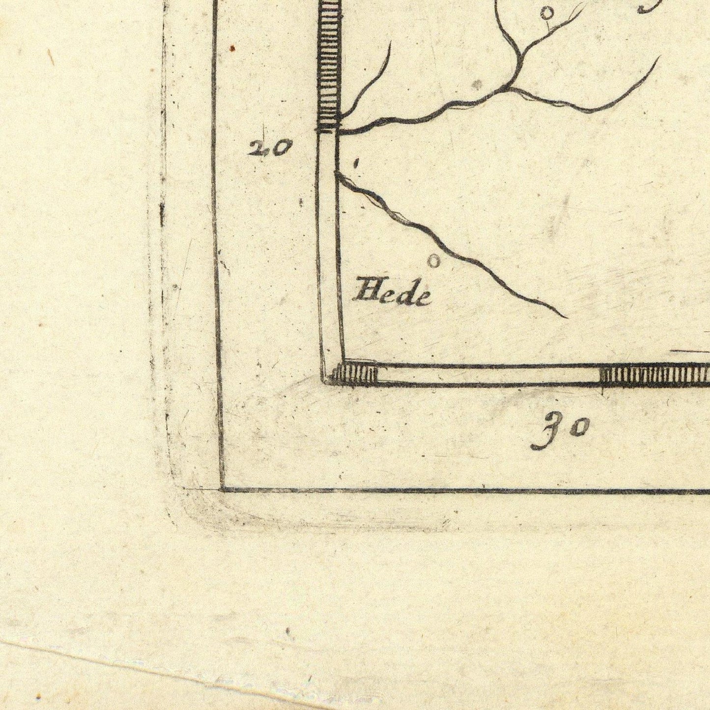 Corner of an old map with measurements and the word 'Hede'.