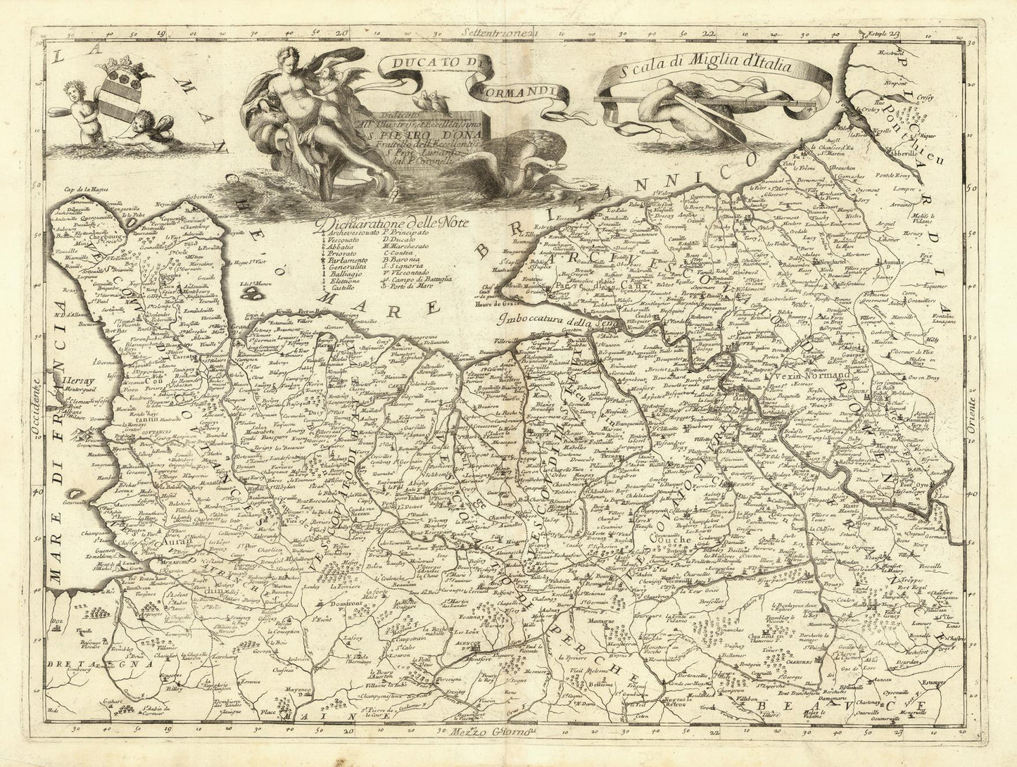 Vintage map of a region with decorative elements at the top