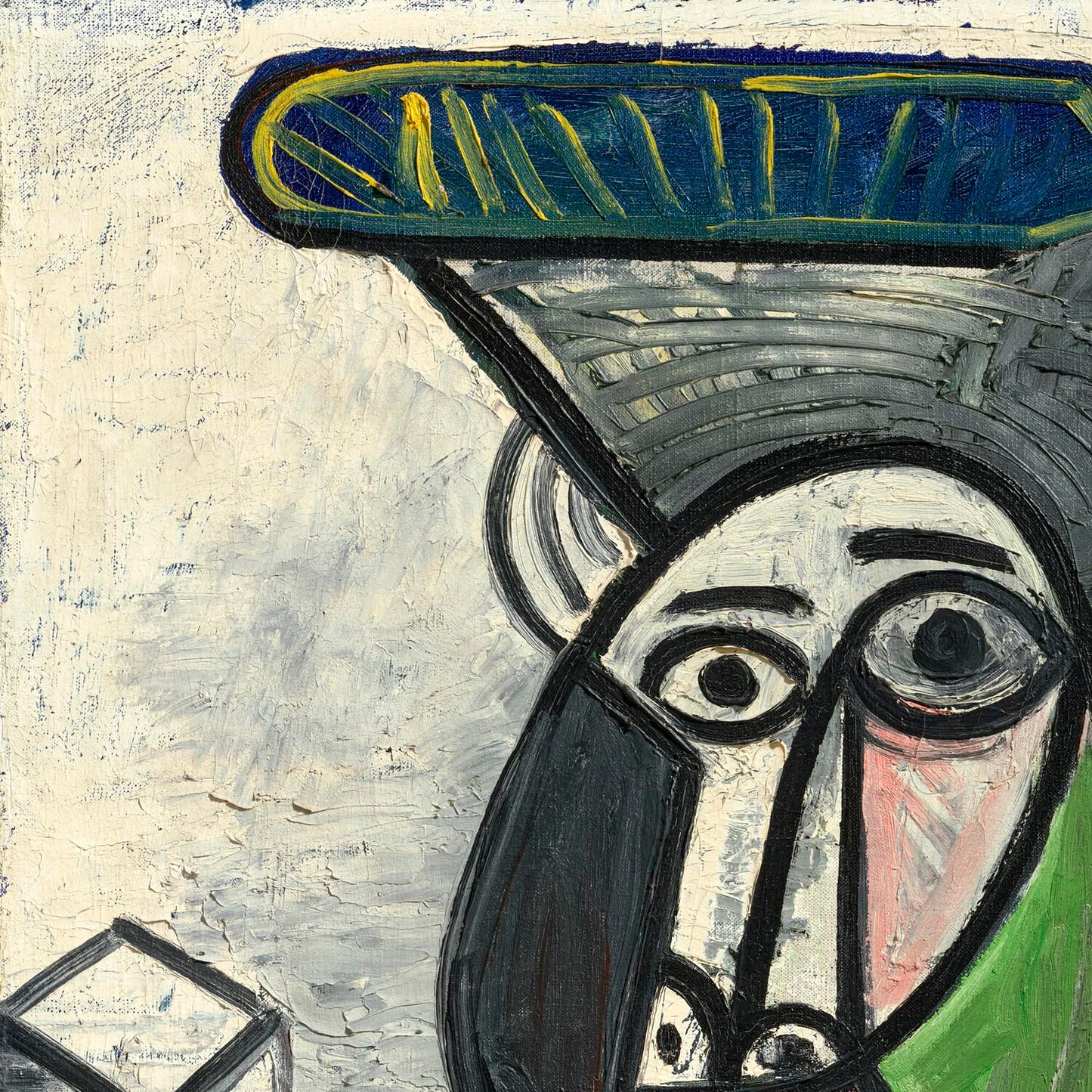 Abstract painting of a face with a blue hat on a textured beige background