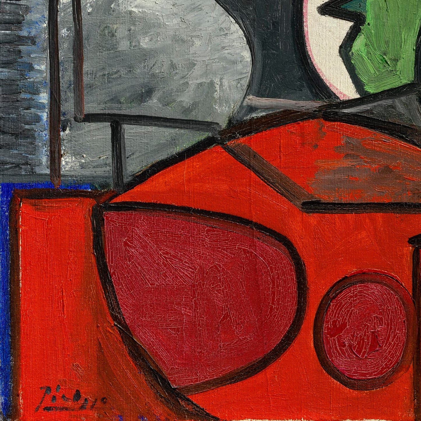 Abstract painting with geometric shapes in red, gray, green, and blue.